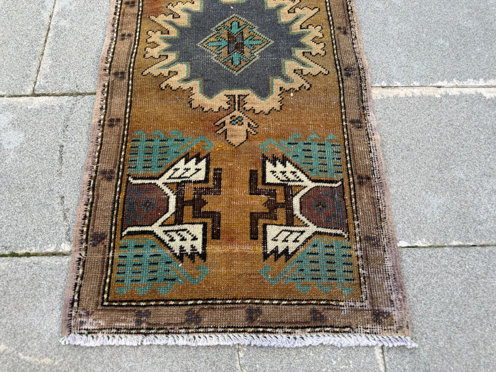 Vintage Turkish Rug 1.7×3.6 ft Tobacco Brown Charcoal Boho Accent Rug