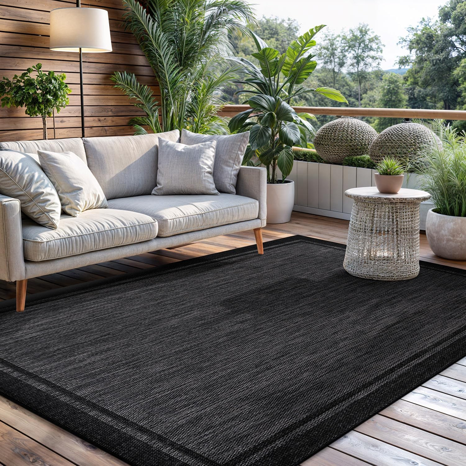 Modern 9×12 Indoor Outdoor Rug – Dark Grey Black Bordered Area Carpet