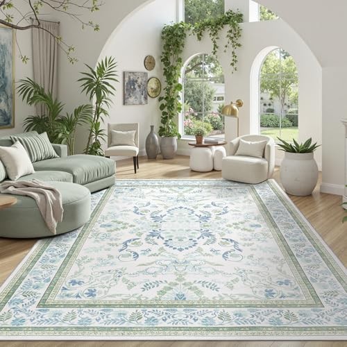 Green 5×7 Area Rug, Machine Washable Non 5′ x 7′ (Rectangular) Green & Blue