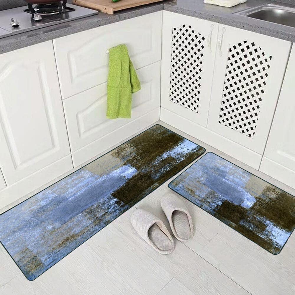 TOMWISH Vintage Blue Brown Abstract Kitchen Rug Set 17″x48″ + 17″x24″
