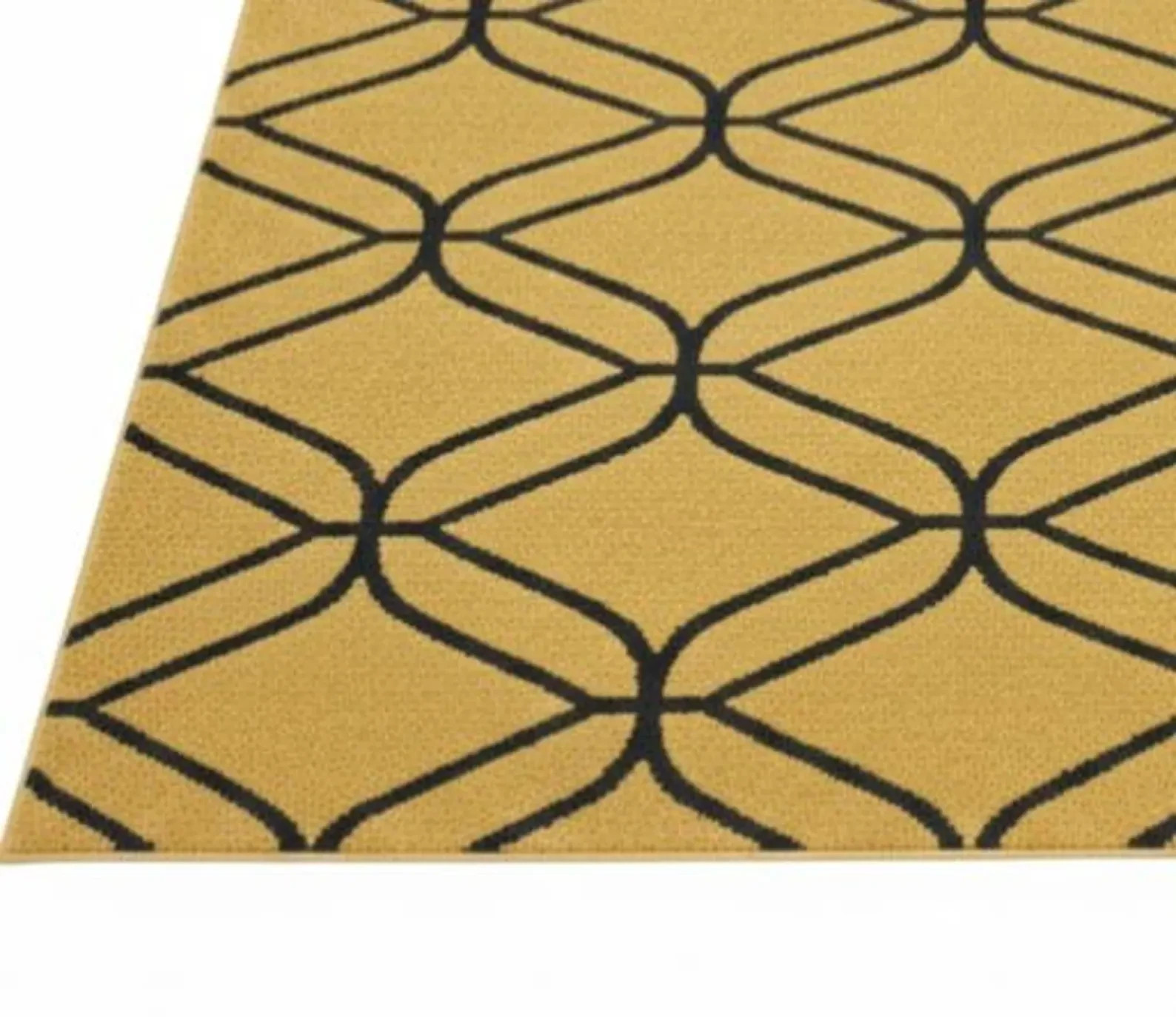 Modern Geomatric Contemporary Mustard Yellow Carpet with Black Line Pattern,