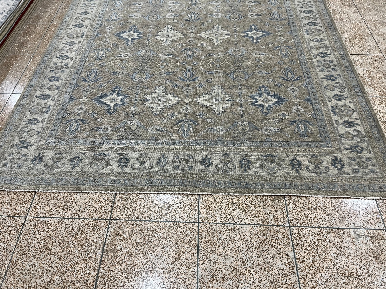 Hand Knotted Oushak Rug Grey Beige Floral Wool Area Rug Traditional Vintage Rug