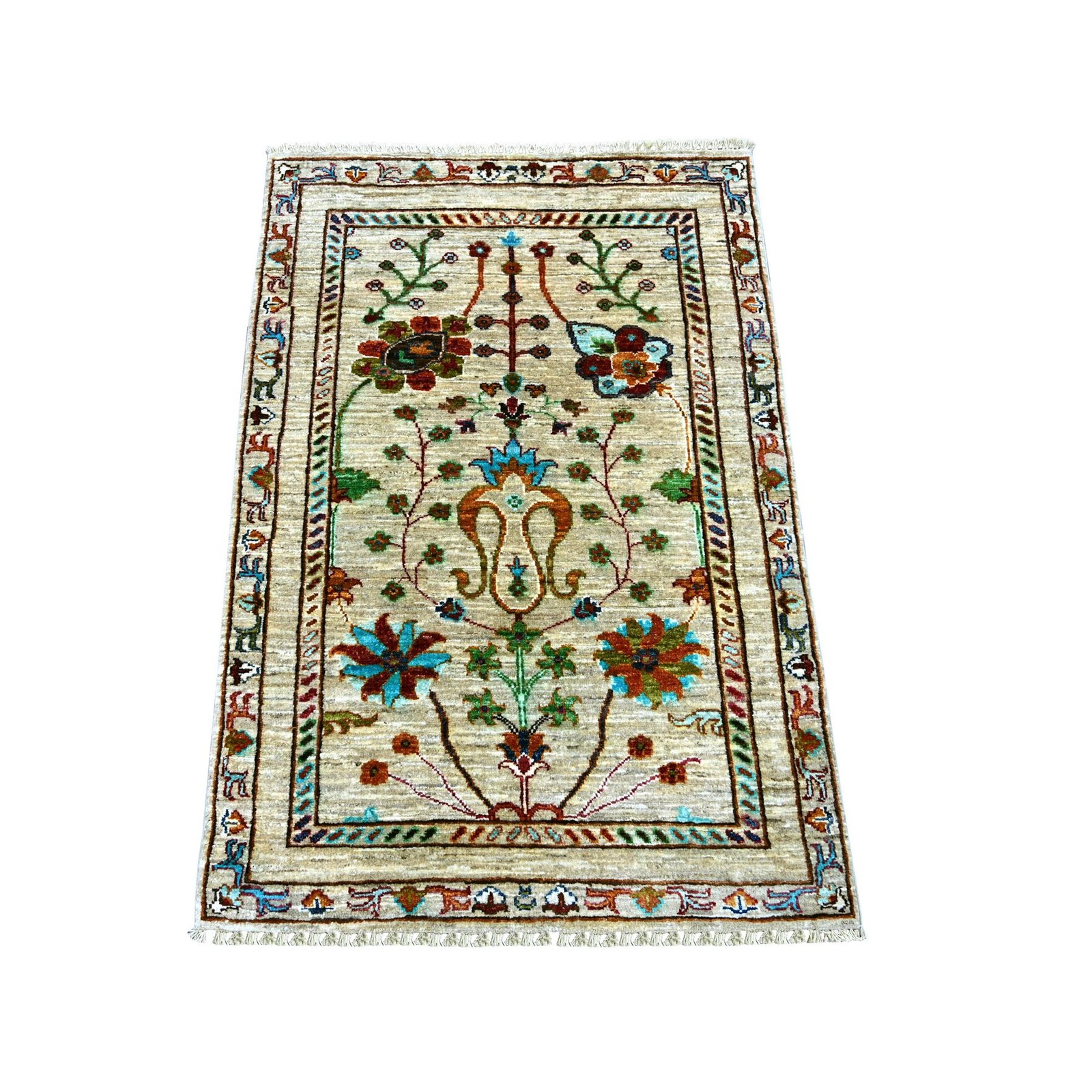 2’8″x4′ Ivory Hand Knotted Afghan Sultani Pure Wool Sample Mat Rug 22326