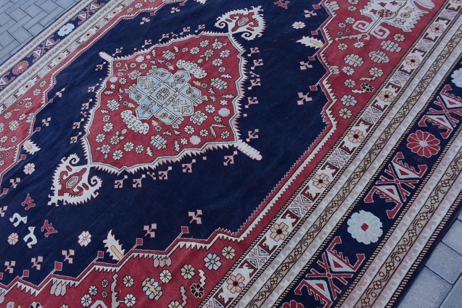 Vintage Rug, 8,9×11,6 ft Oversize Rug, Blue Red Wool Rug