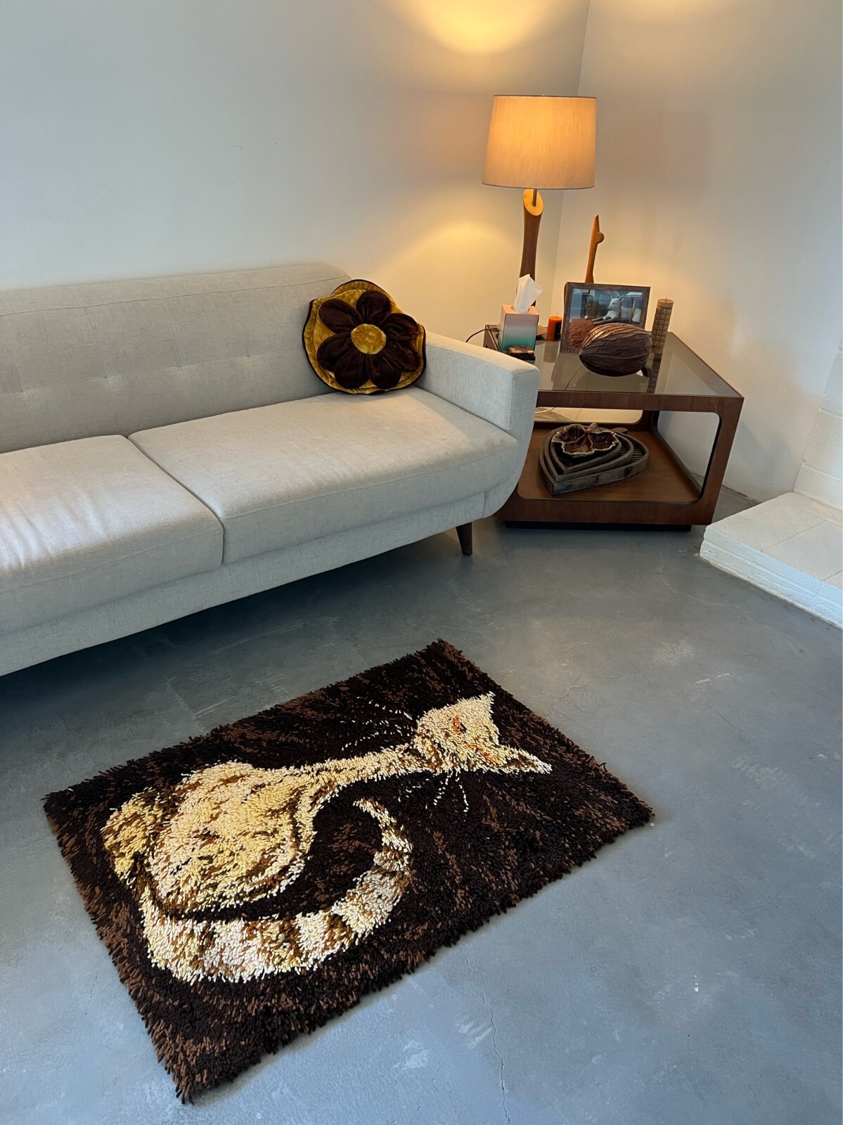 1960’s AIDA Brown Beige Cat Tapestry UNUSED Modern Mid Century Rya Rug Wool