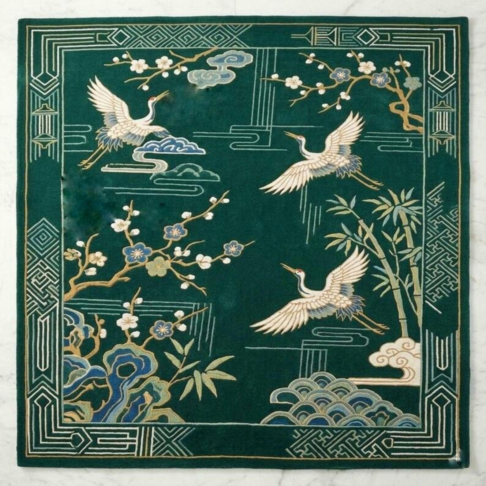 Emerald Green Chinoiserie Rug Modern Abstract Hand Tufted Wool Carpet Custom Rug