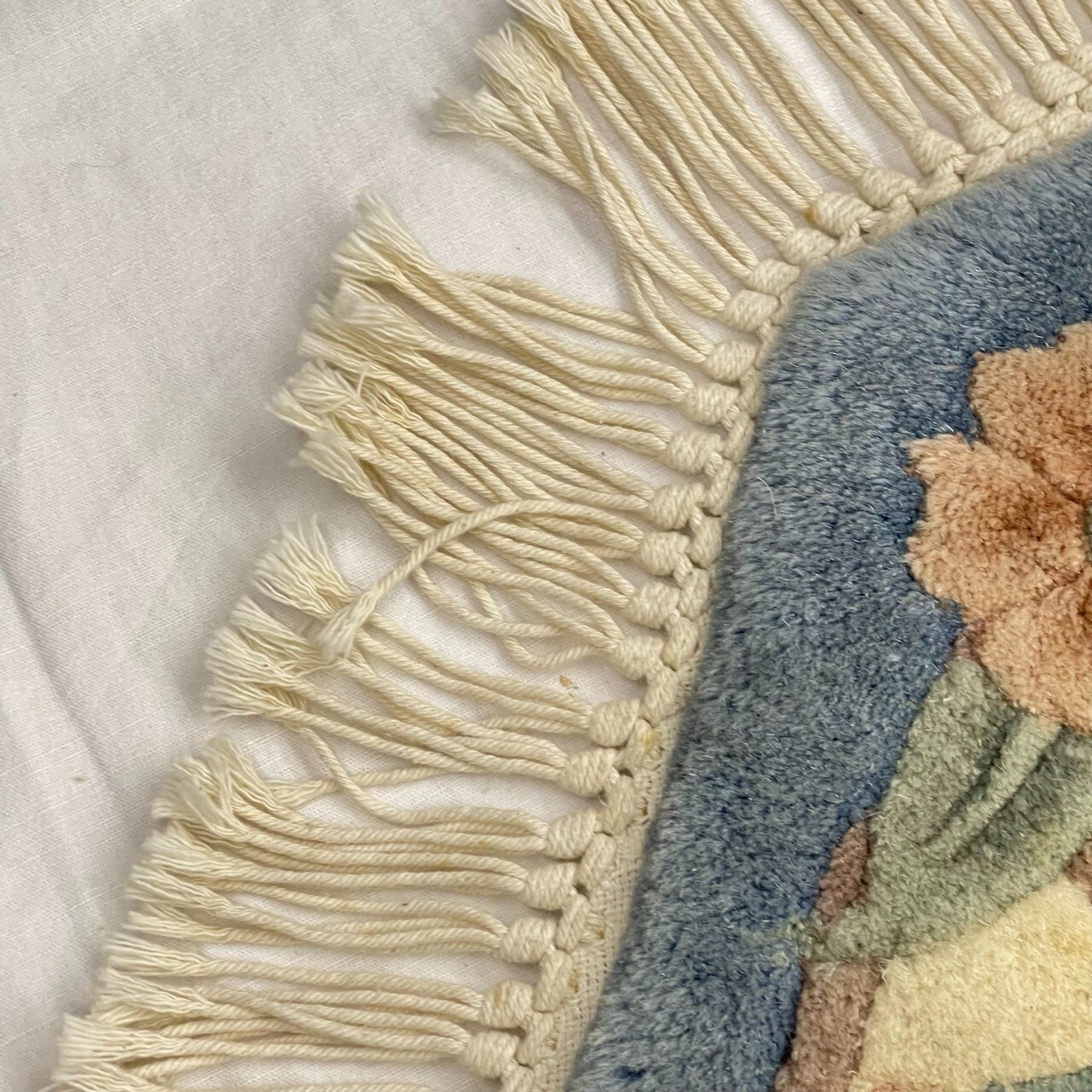 3x3FT Handmade Octagonal Chinese Area Wool Rug Flowers Fringe Vintage 70s