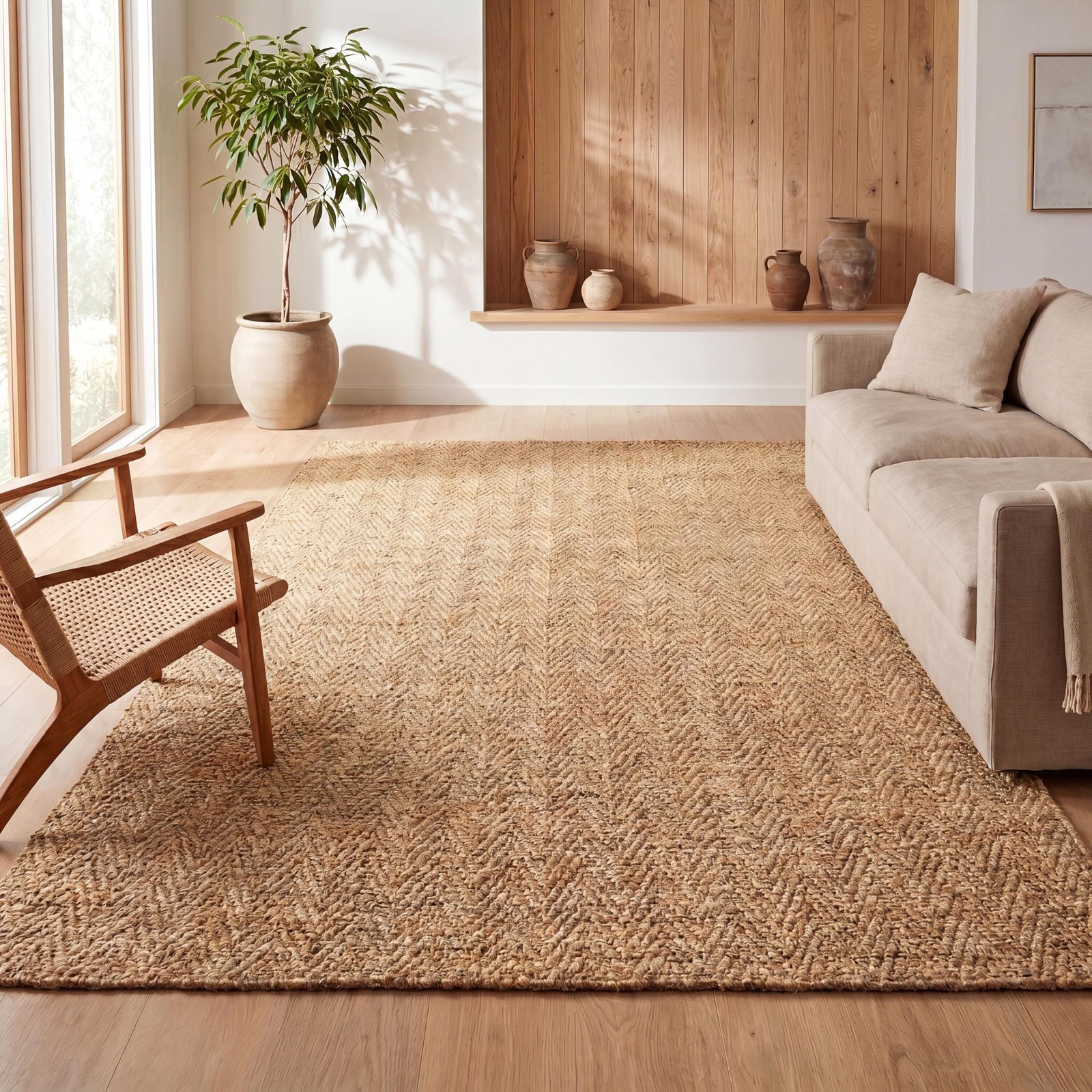 Espina Hand Woven Herringbone Chunky Jute Natural Indoor Area Rug, 5×8, Bohem…