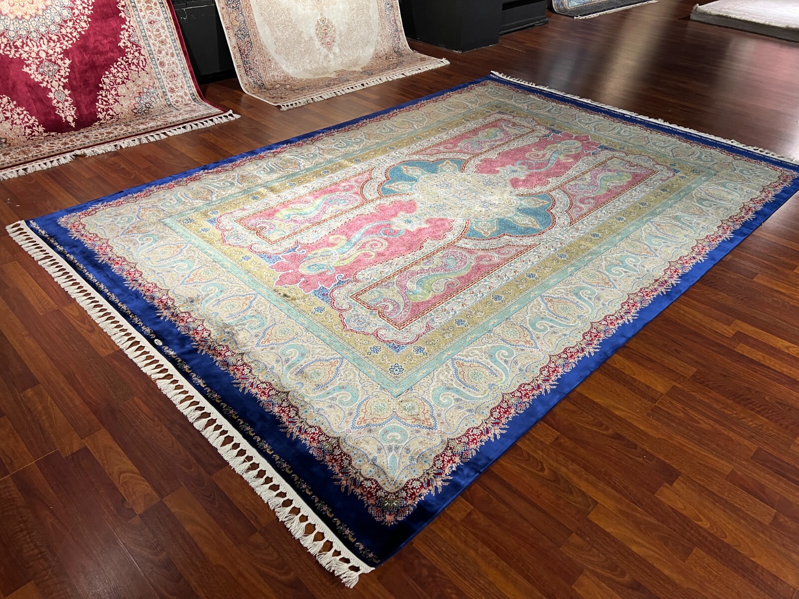 8×11 ft Pink Blue Silk Rug – Oversized High Quality Classic Design Silk Rug
