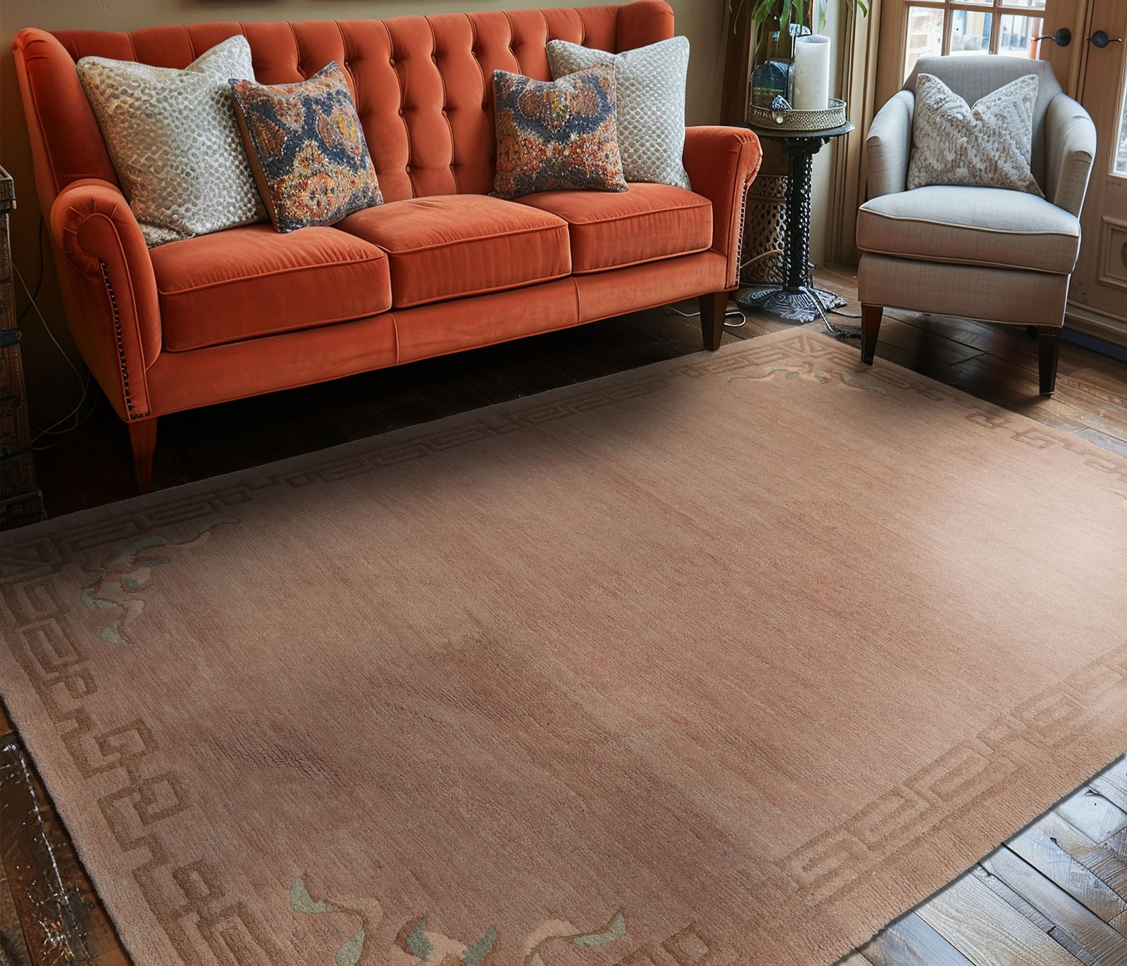 4’8”x6’7” Hand Knotted Wool Taupe Tibetan Traditional Classic Greek Key Rug