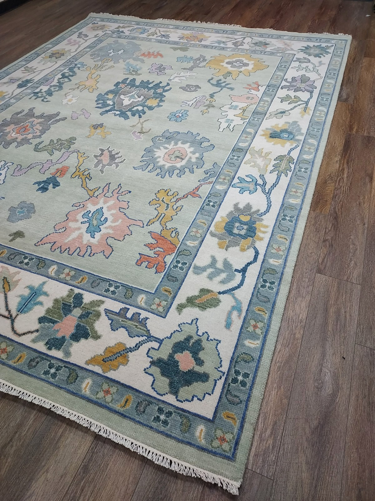 TURKISH OUSHAK RUG.GEOMETRICMULTICOLORED AREA RUG 9×12 Ft, HANDMADE BOHEMIAN RUG