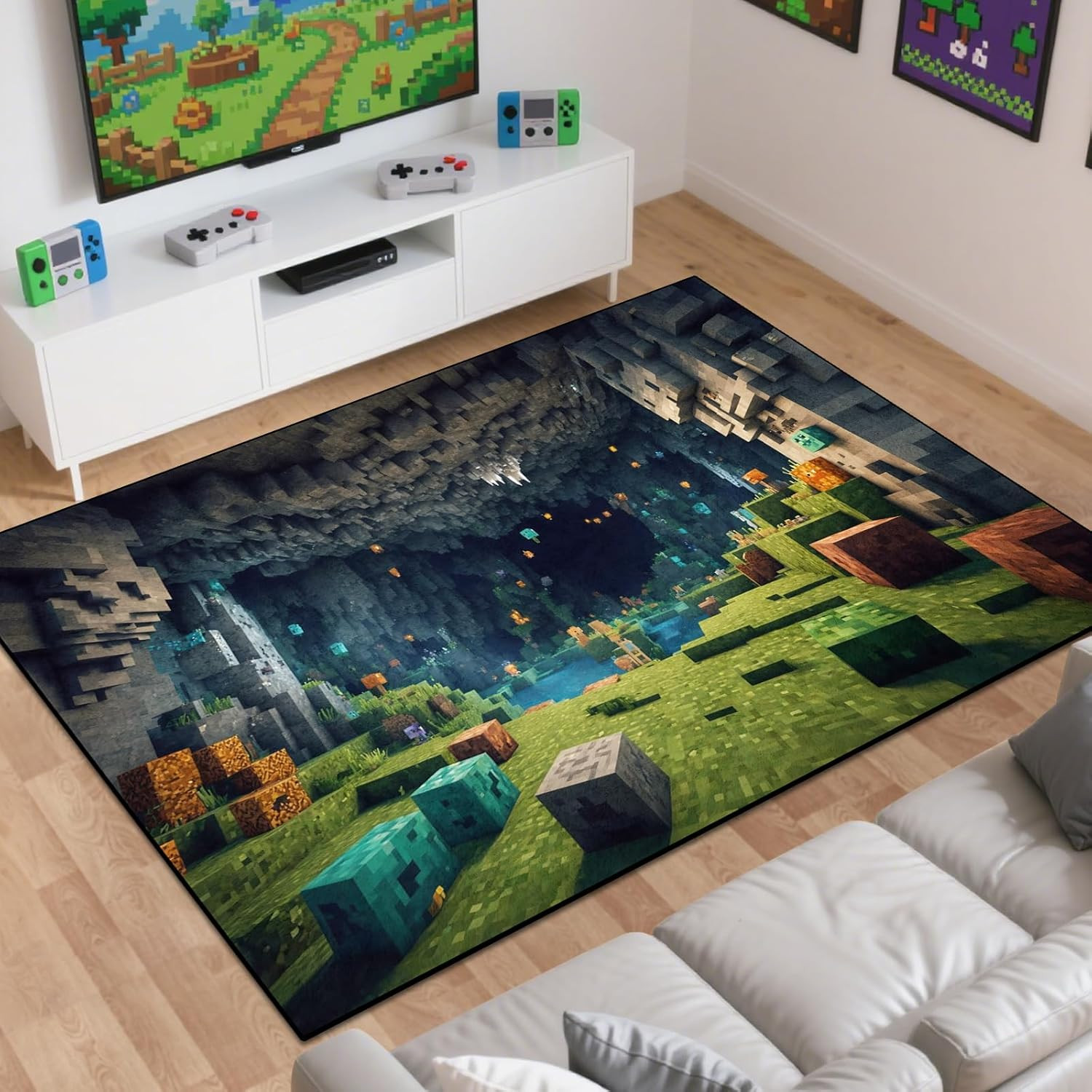 Pixel Game Rug for Kids – Non-Slip Washable Carpet for Playroom & Bedroom 86″x63