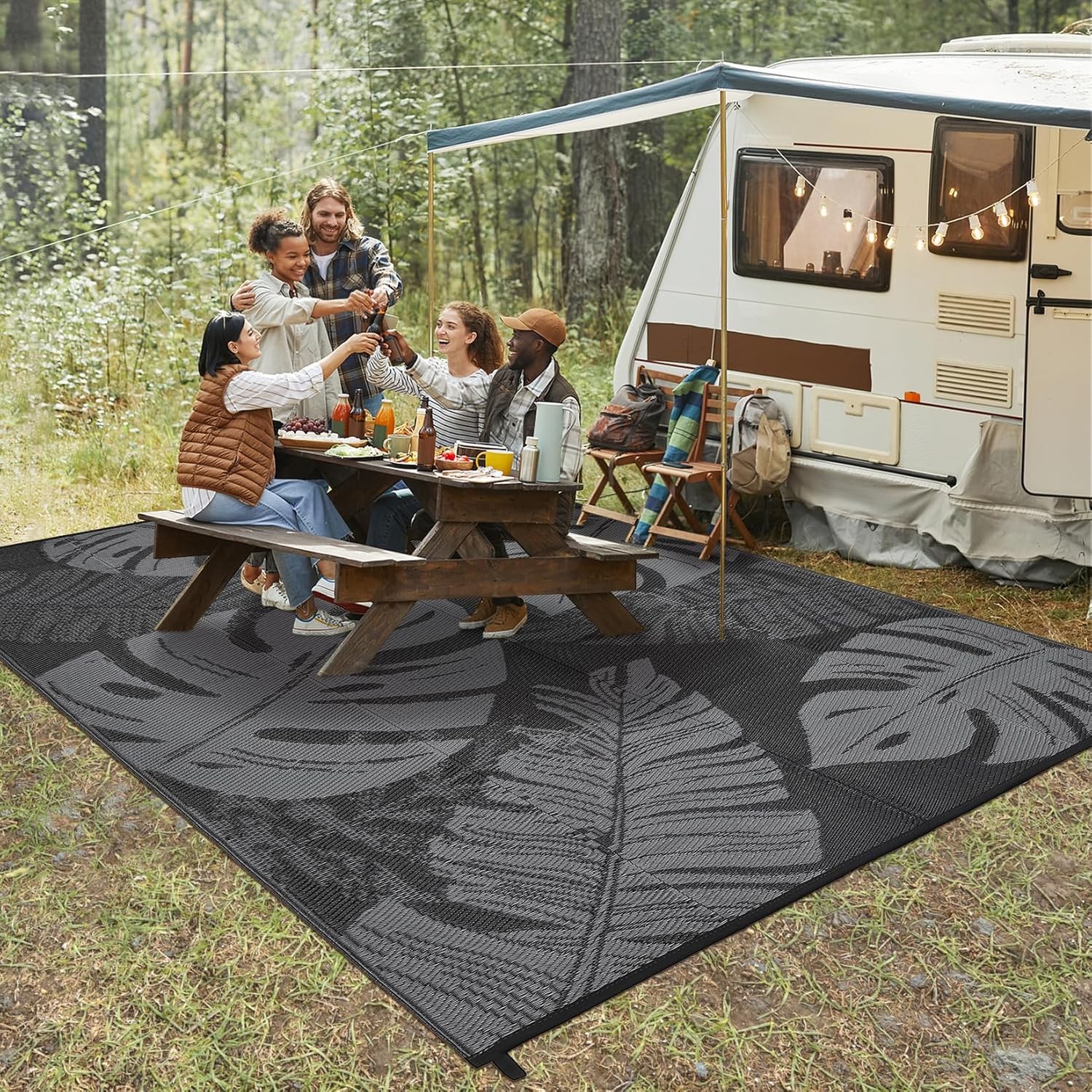Outdoor Plastic Straw Rug Waterproof UV Resistant RV Camping Mat w/ Bag