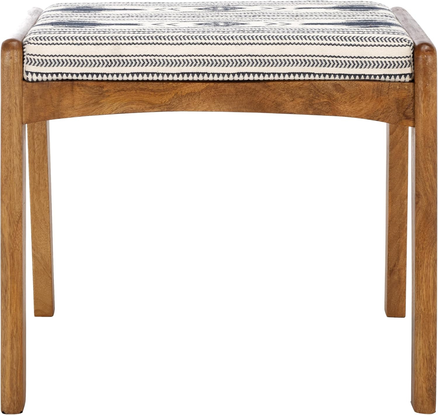 Boho Tribal Navy & White Ottoman with Natural Wood Frame – Fully Assembled