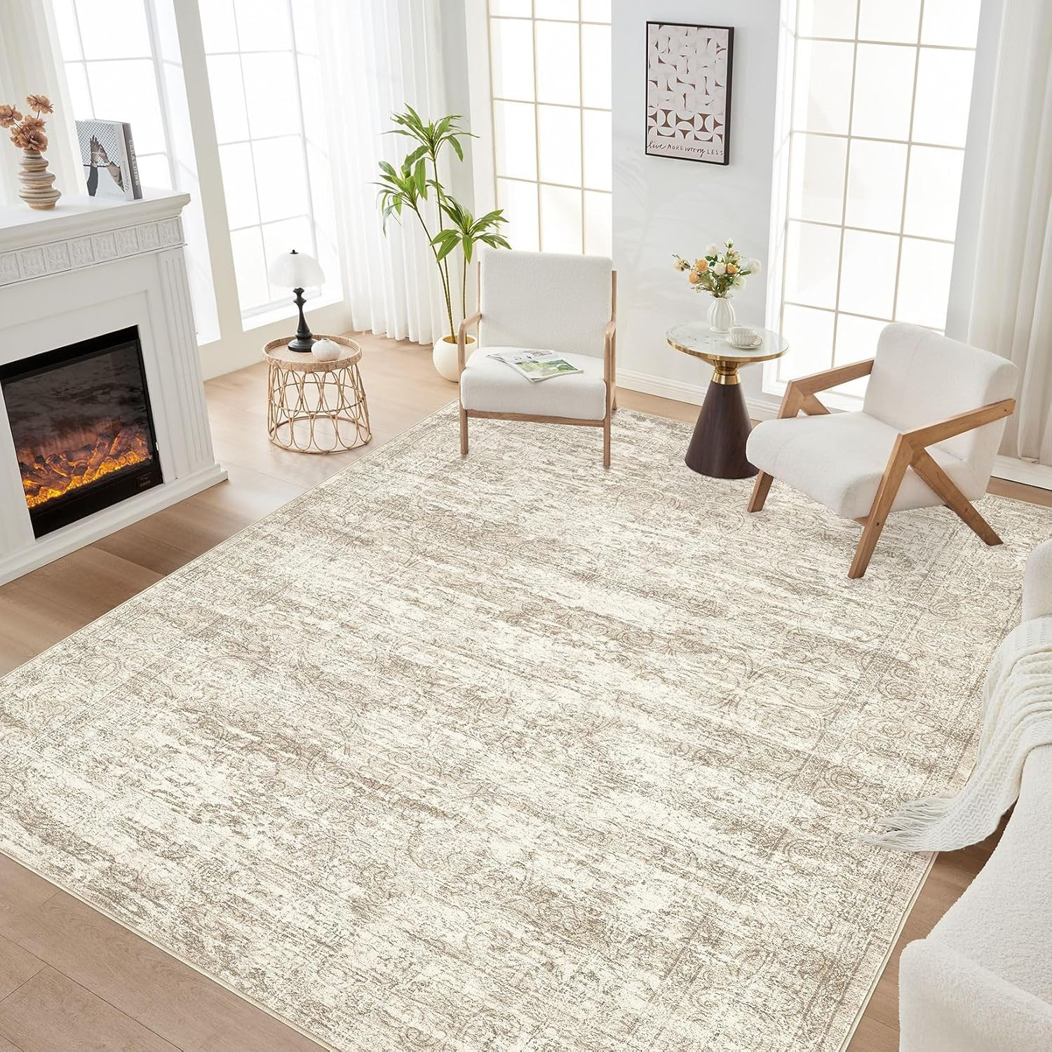 Area Rug Living Room Rugs – 6X9 Abstract Large Soft Indoor Washable Rug Neutral