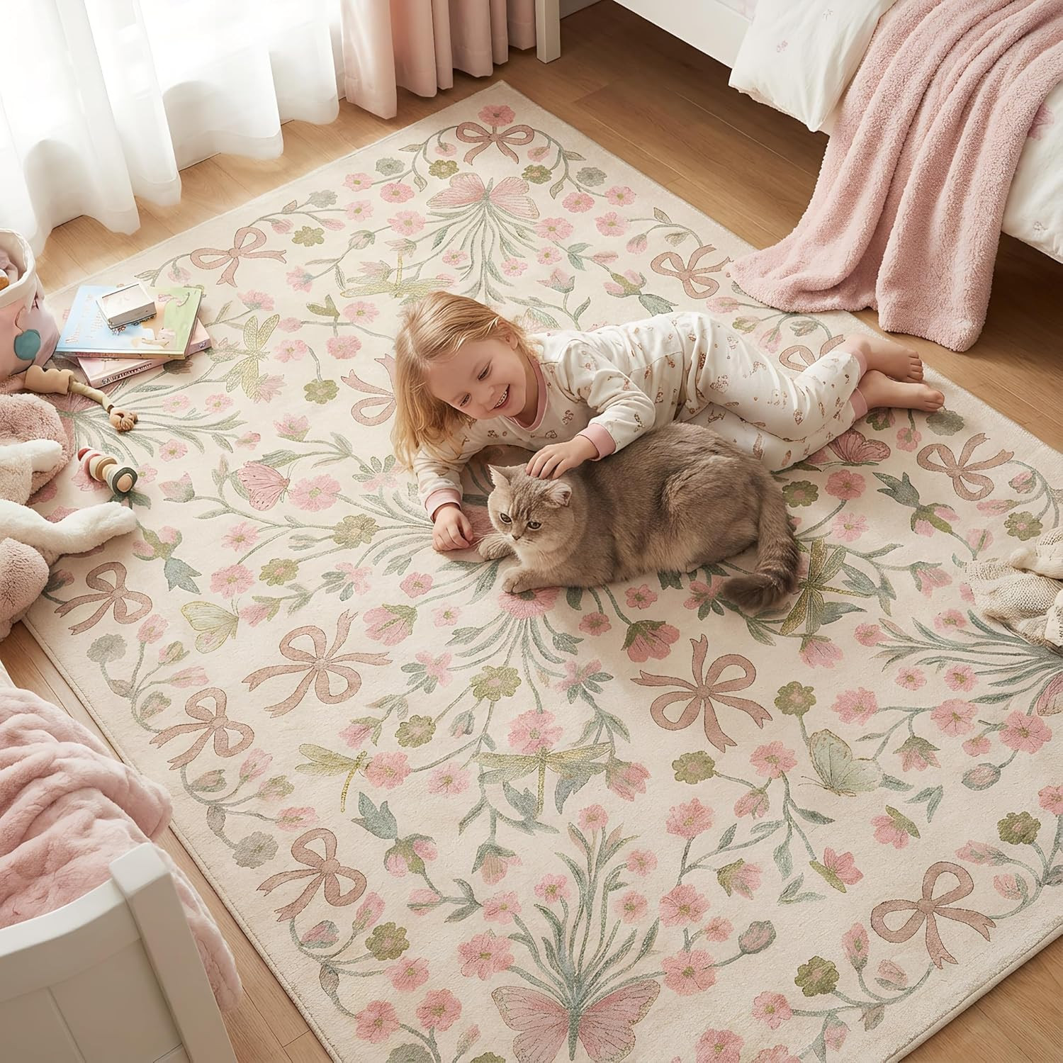 Boho Beige Butterfly Area Rug 5X7 – Non-Slip, Washable for Living Room & Bedroom