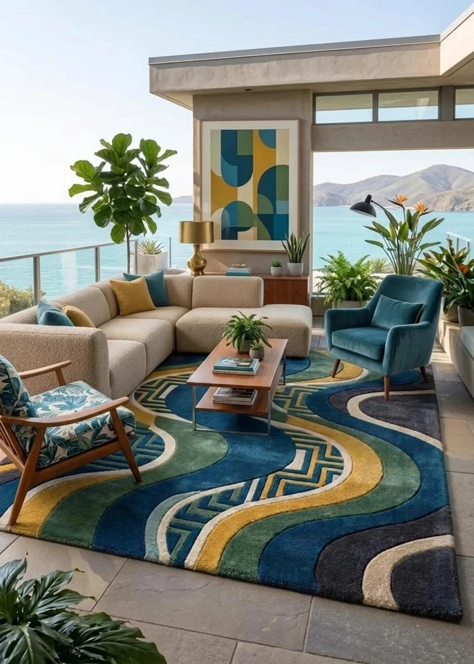 Hand Tufted 100% Wool Rug: Modern Abstract Wave Blue Green Area Carpet