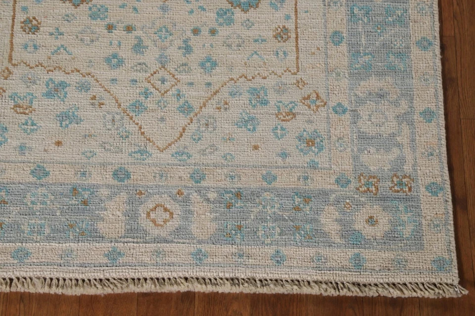 Hand Knotted Oushak Wool Rug Vintage Turkish Floral Light Blue Cream Area Carpet