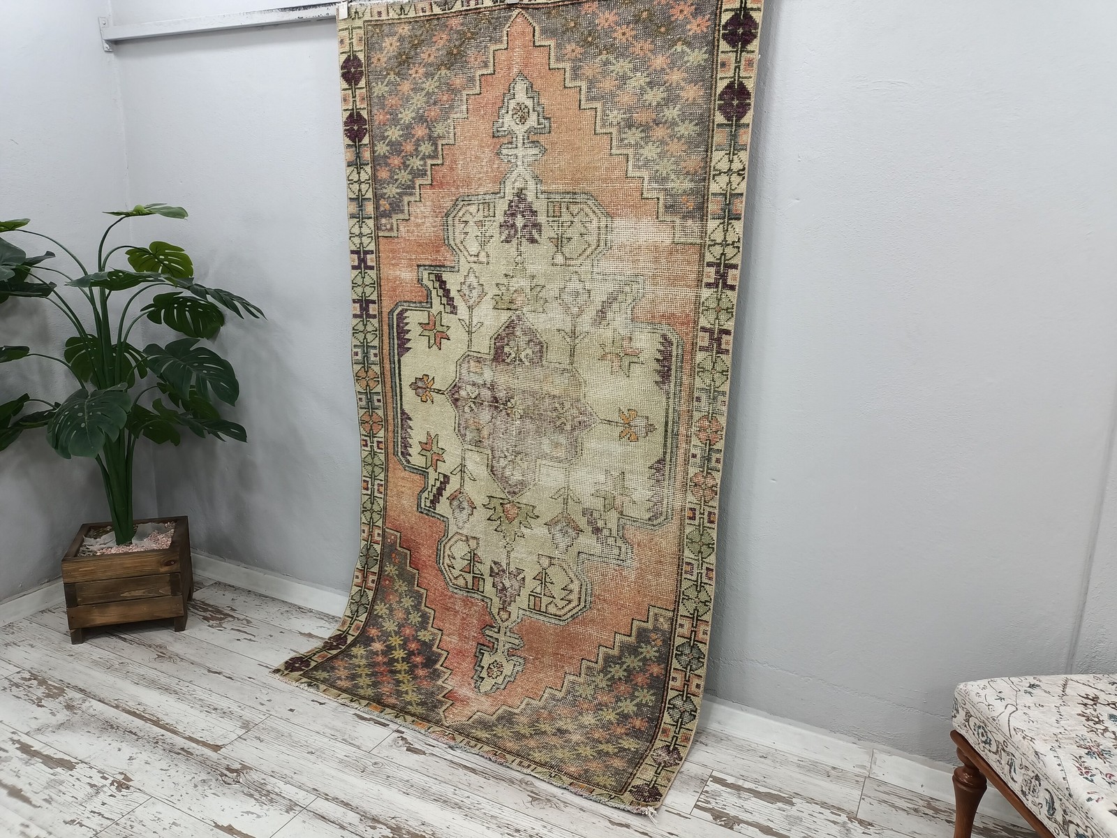 Turkish Oushak Rug Vintage Handknotted Wool 4.2×7.6 Ft Faded Farmhouse