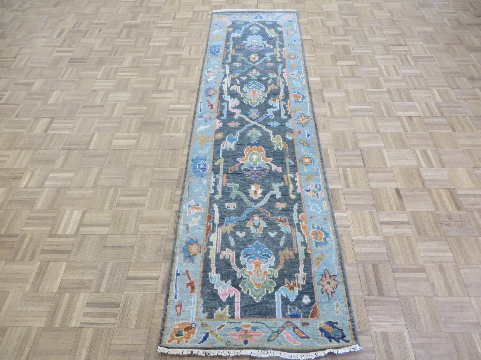 2’8 x 9’9 Runner Hand Knotted Charcoal Black Oushak Oriental Rug G16606
