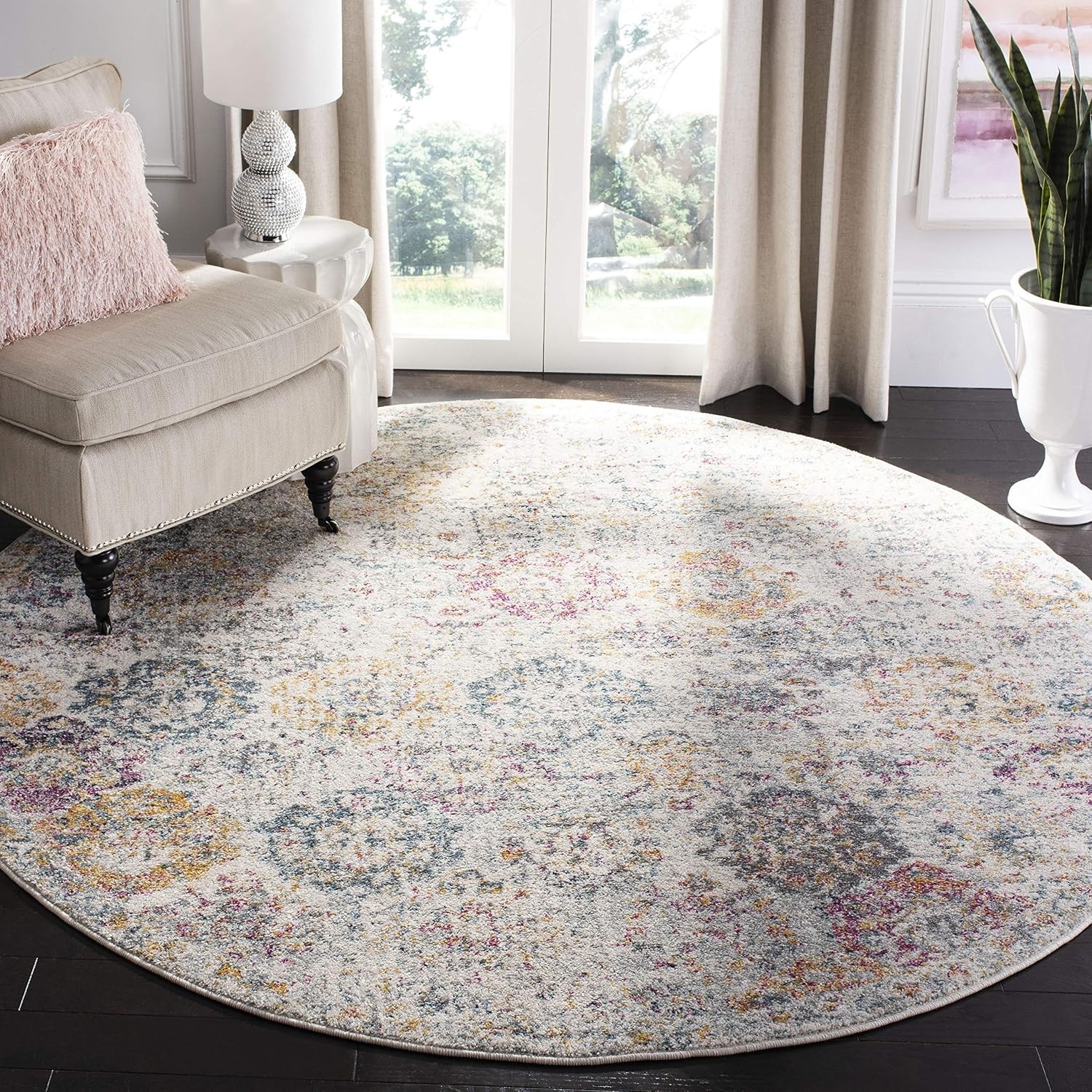 Madison Collection 3′ Round Grey / Gold Boho Chic Floral Medallion Trellis Di…