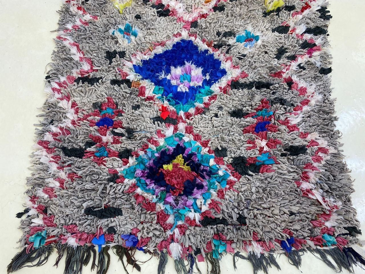 Boucherouite Moroccan Rug Handmade 3’3×7’7 ft Vintage Berber Blue Gray Home Rug