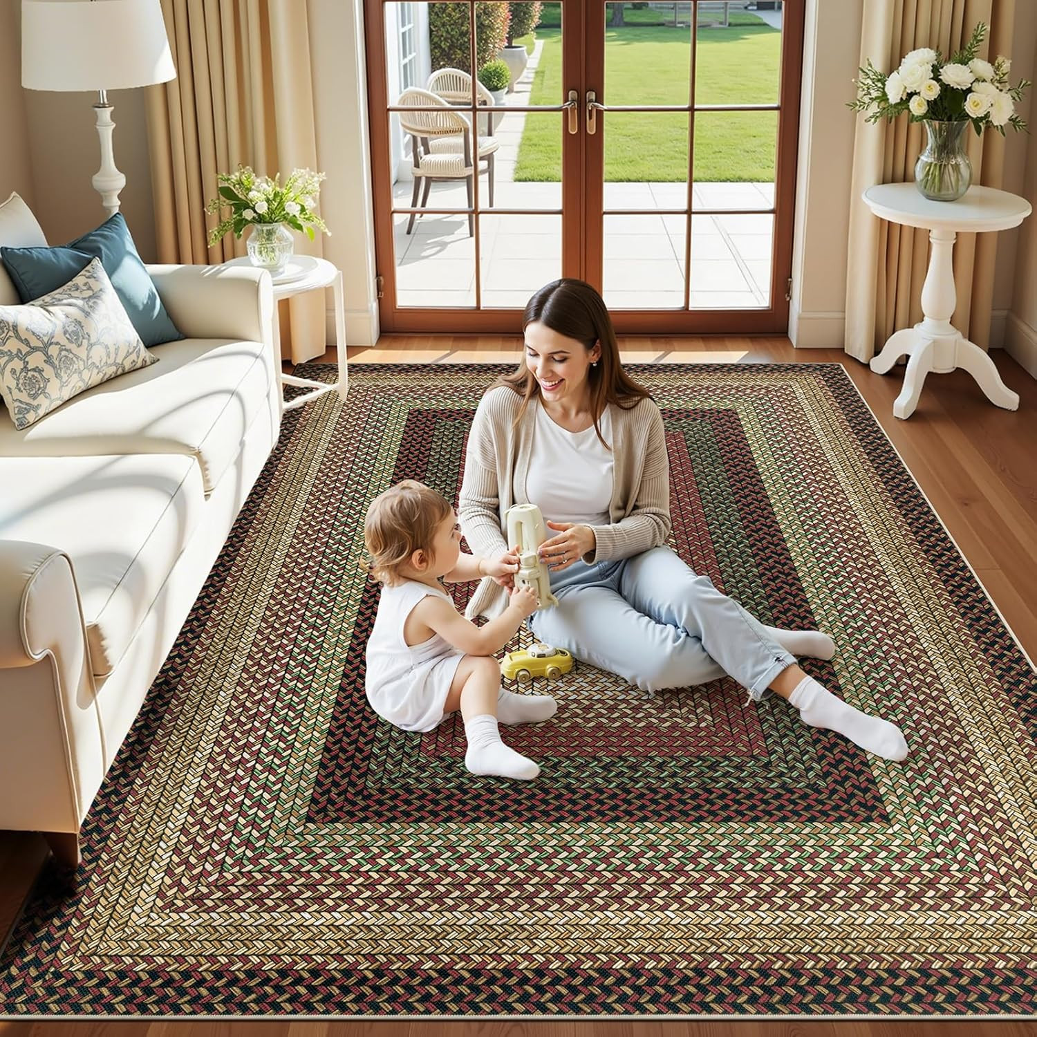 Washable Faux Braided Area Rug 5’X8′ – Pet Friendly, Non-Slip, Stain Resistant