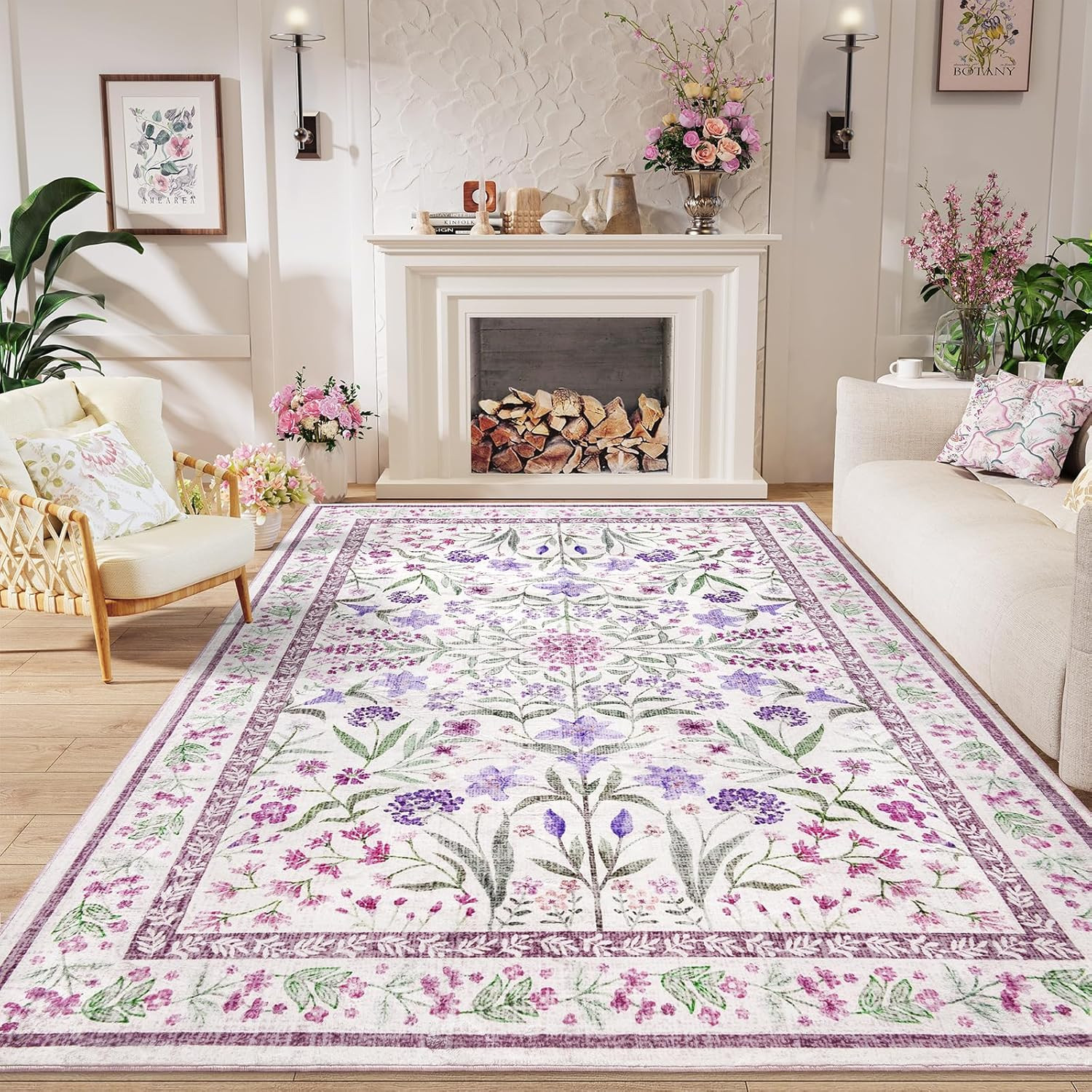 Floral 6X9 Feet Area Rug – Purple Vintage Carpet for Living Room & Kids Room