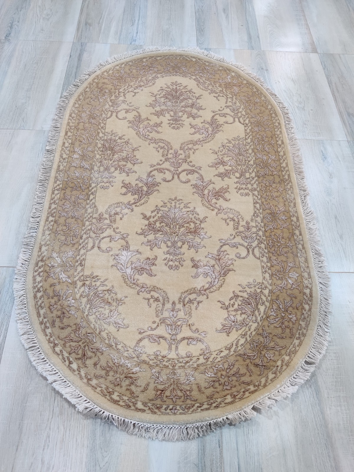 Damask Cream Gold 3 x 5 Hand Knotted Wool Rug for Bedroom 90×160 cm Oval Carpet