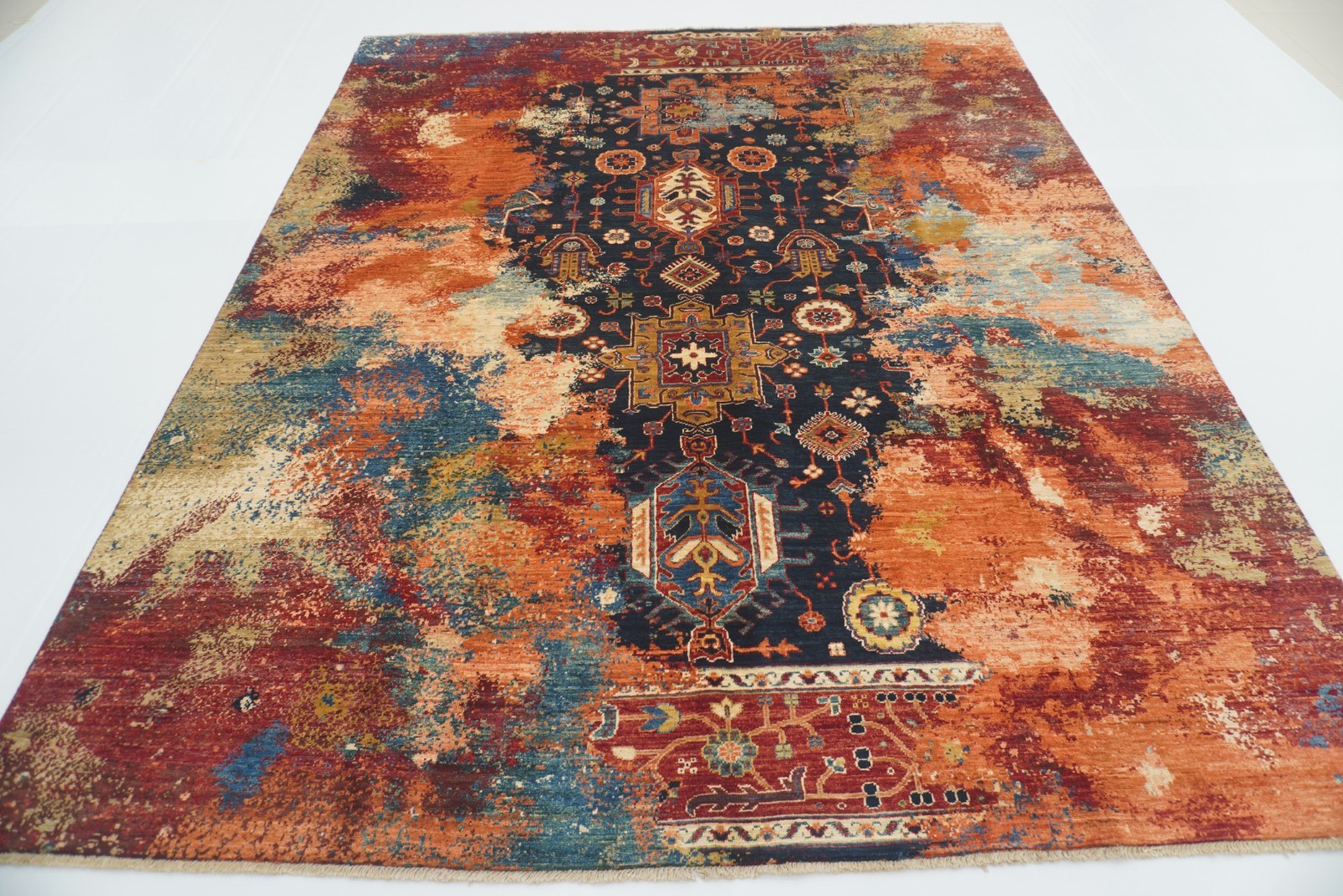 8 x 10 ft Navy Blue Karaja Afghan Hand-Knotted Modern Rug