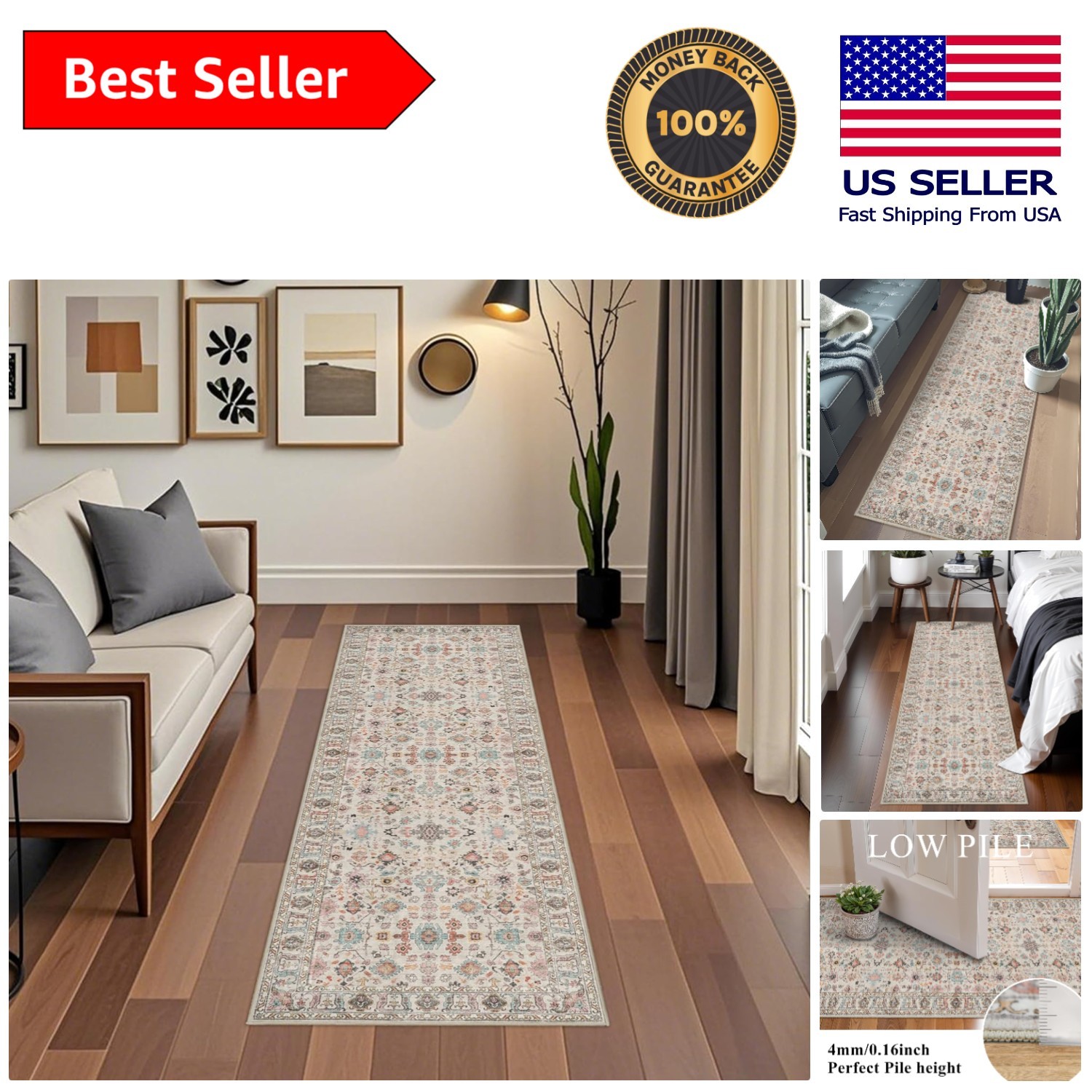 Chic 2×6 Washable Floral Runner with Rubber Backing – Perfect for Every Room