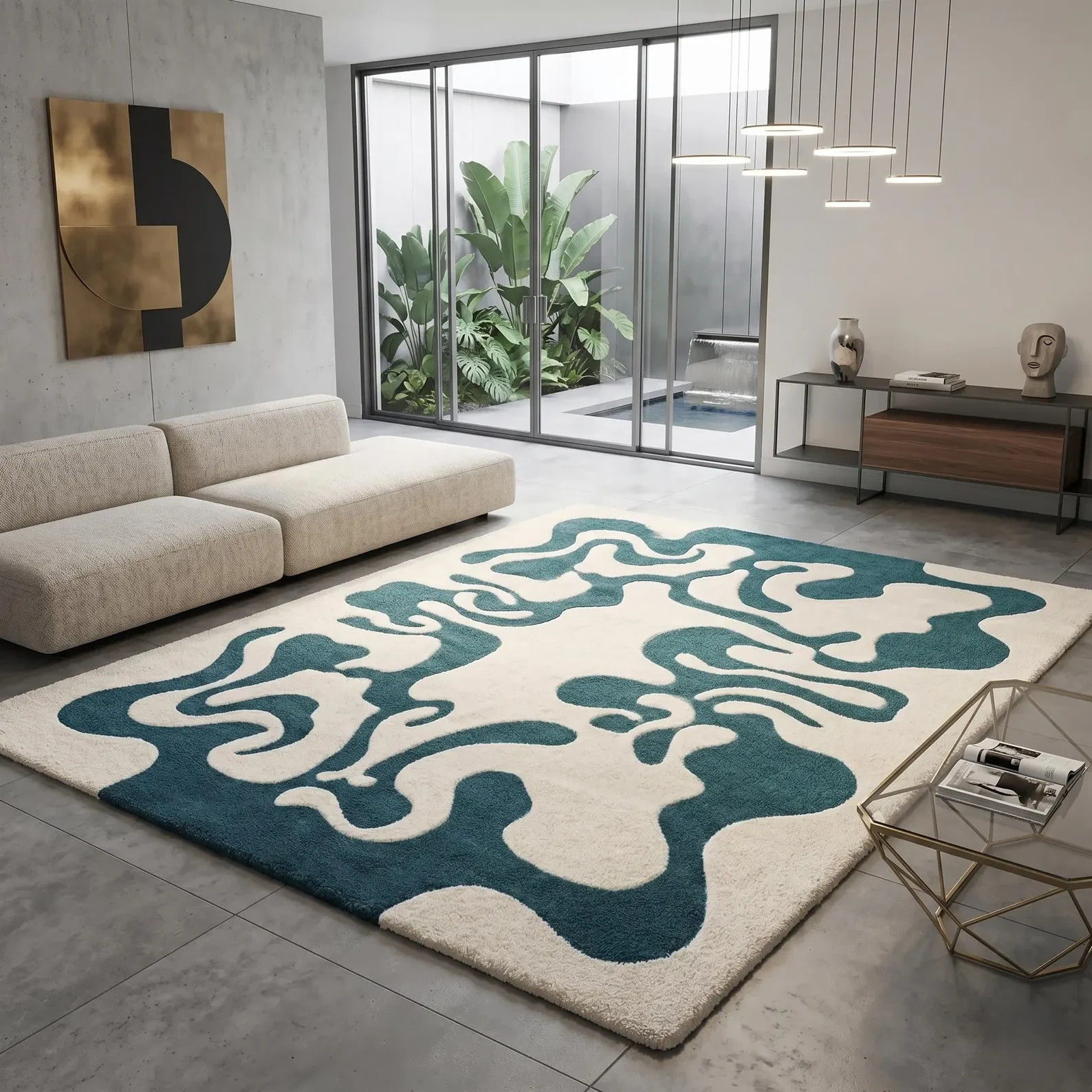 Teal Blue & Cream Abstract Tufted Rug, Modern Fluid Wave Area Rug, Contemporary