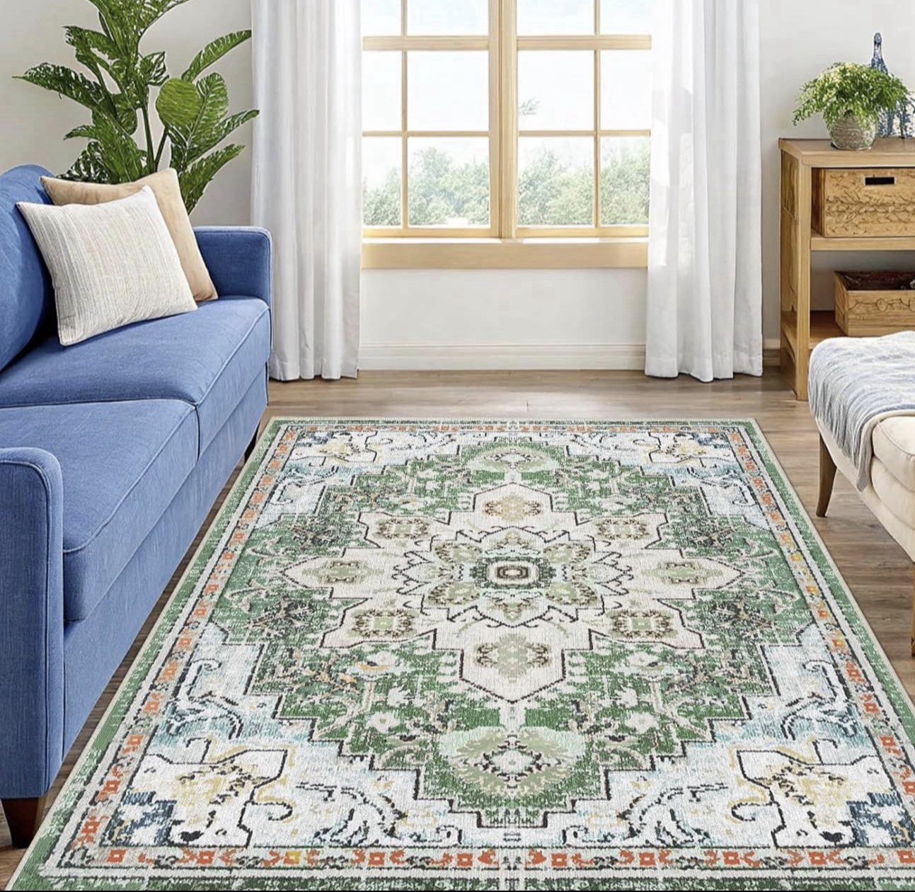 8x10ft Washable Woven Area Rug Green Beige Blue Traditional Geometric