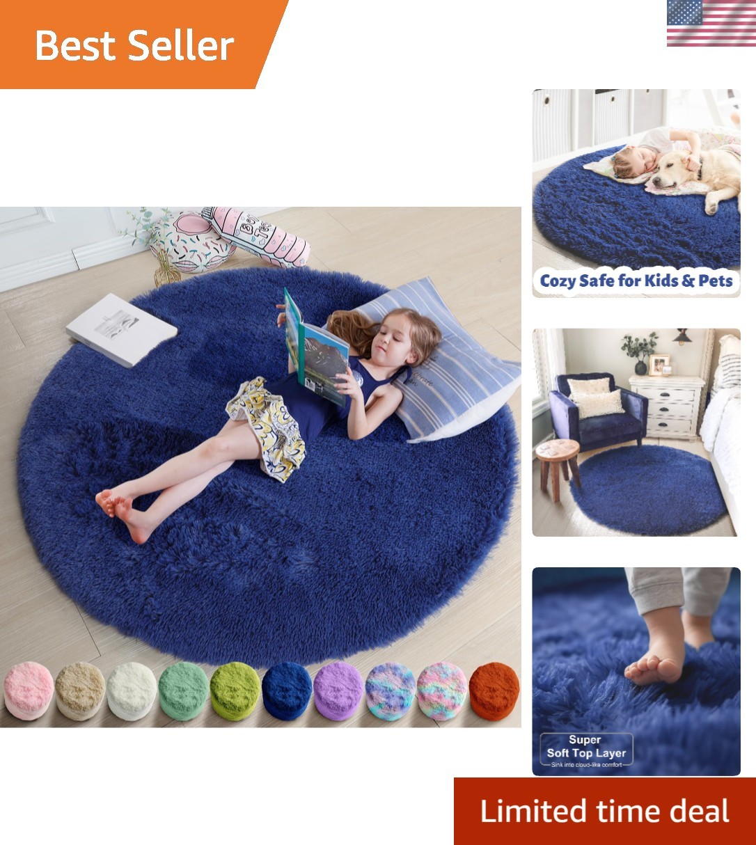 Classic Navy Blue Round Shag Rug 3Ft – Cozy Addition to Any Child’s Room