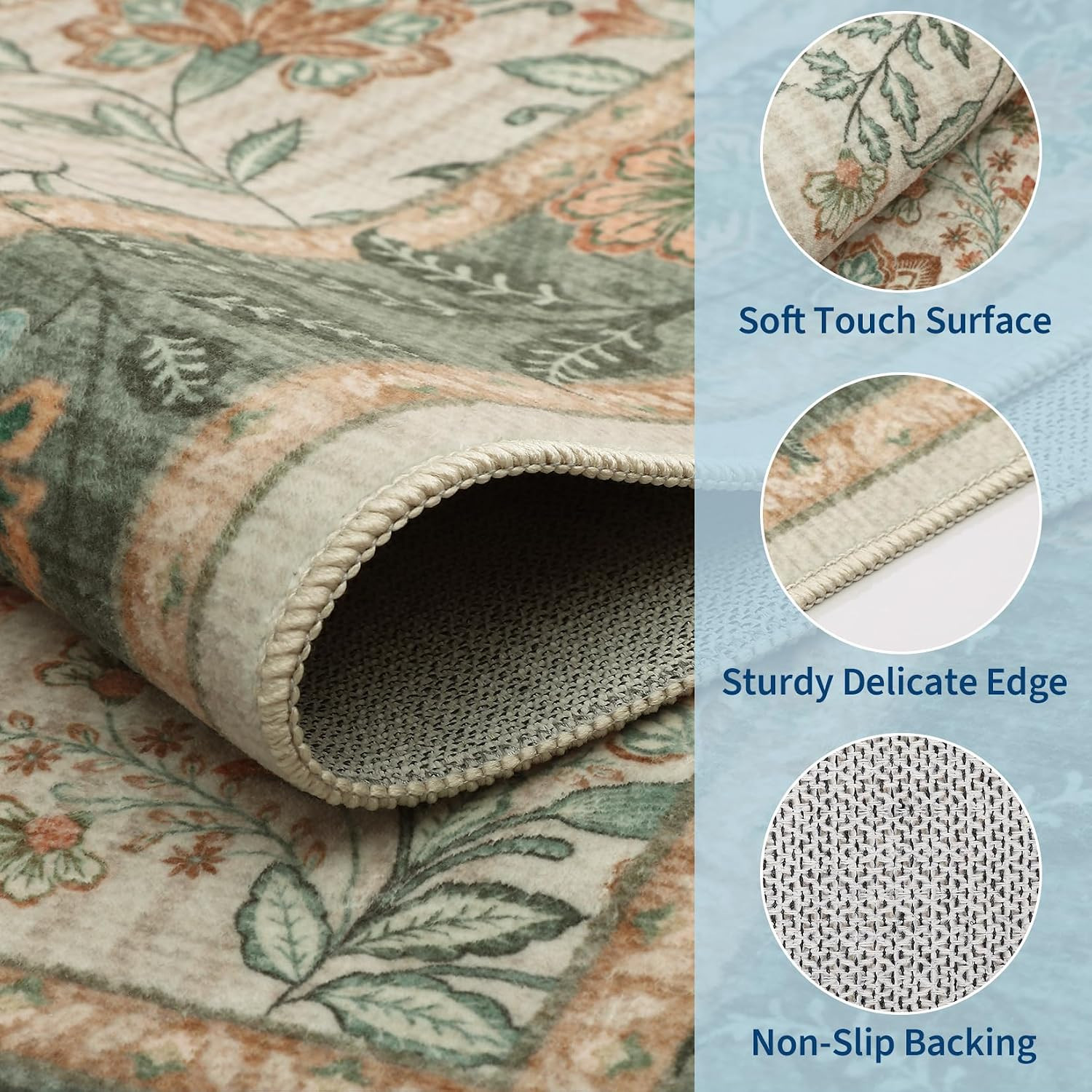 5X7 Area Rug Sage Green Washable Rugs for Living Room Bedroom, Soft Low Pile Non