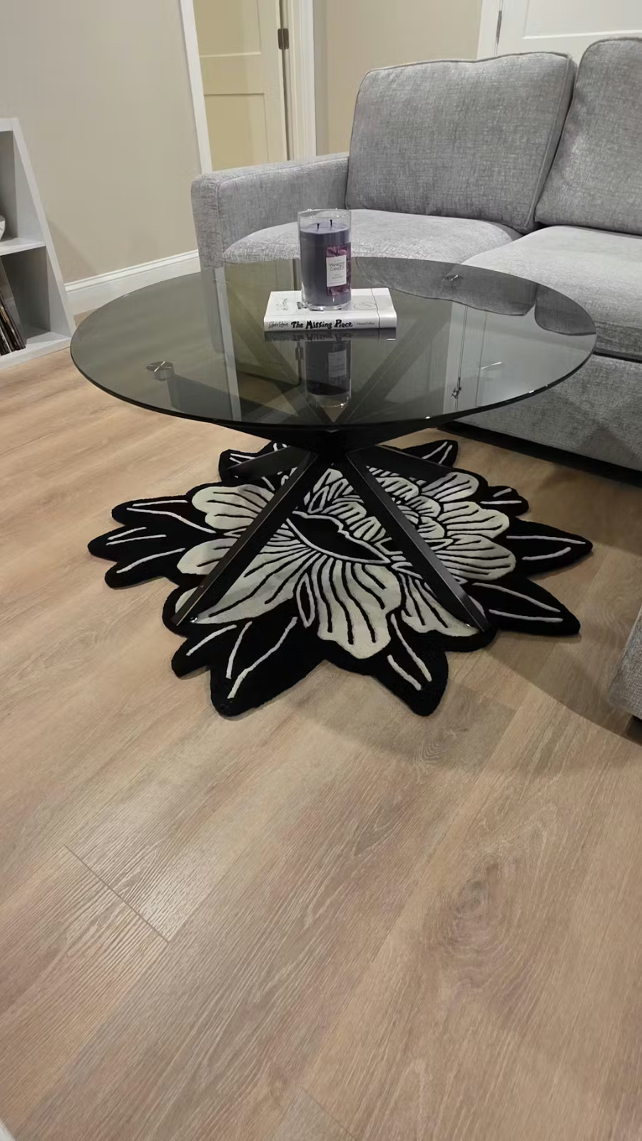 Peony Tattoo Rug Black White Tufted Wool Floral Area Rug Gothic