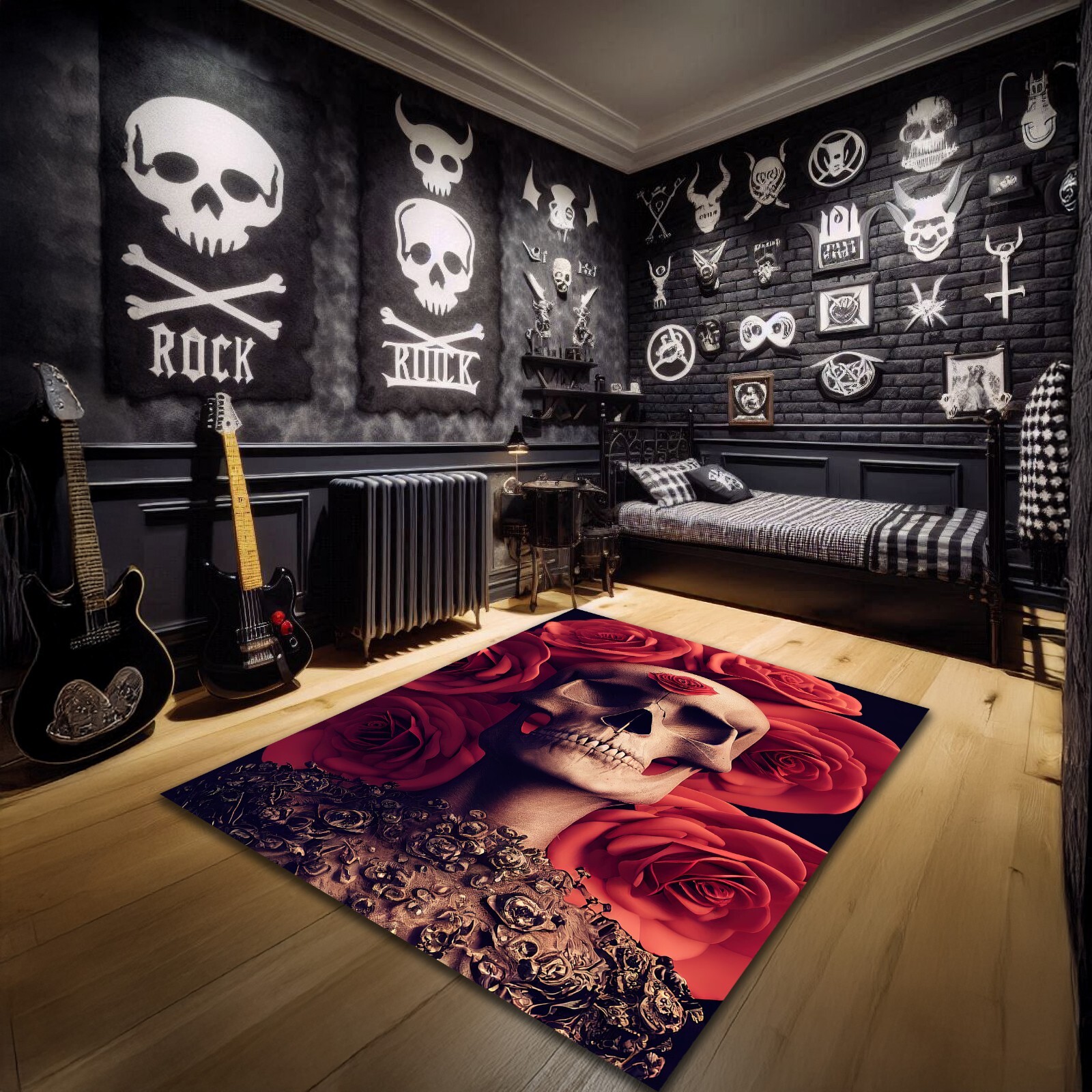 Skull and Rose Rug Gothic Style Nonslip Carpet Spooky Skeleton Horror Mat Decor