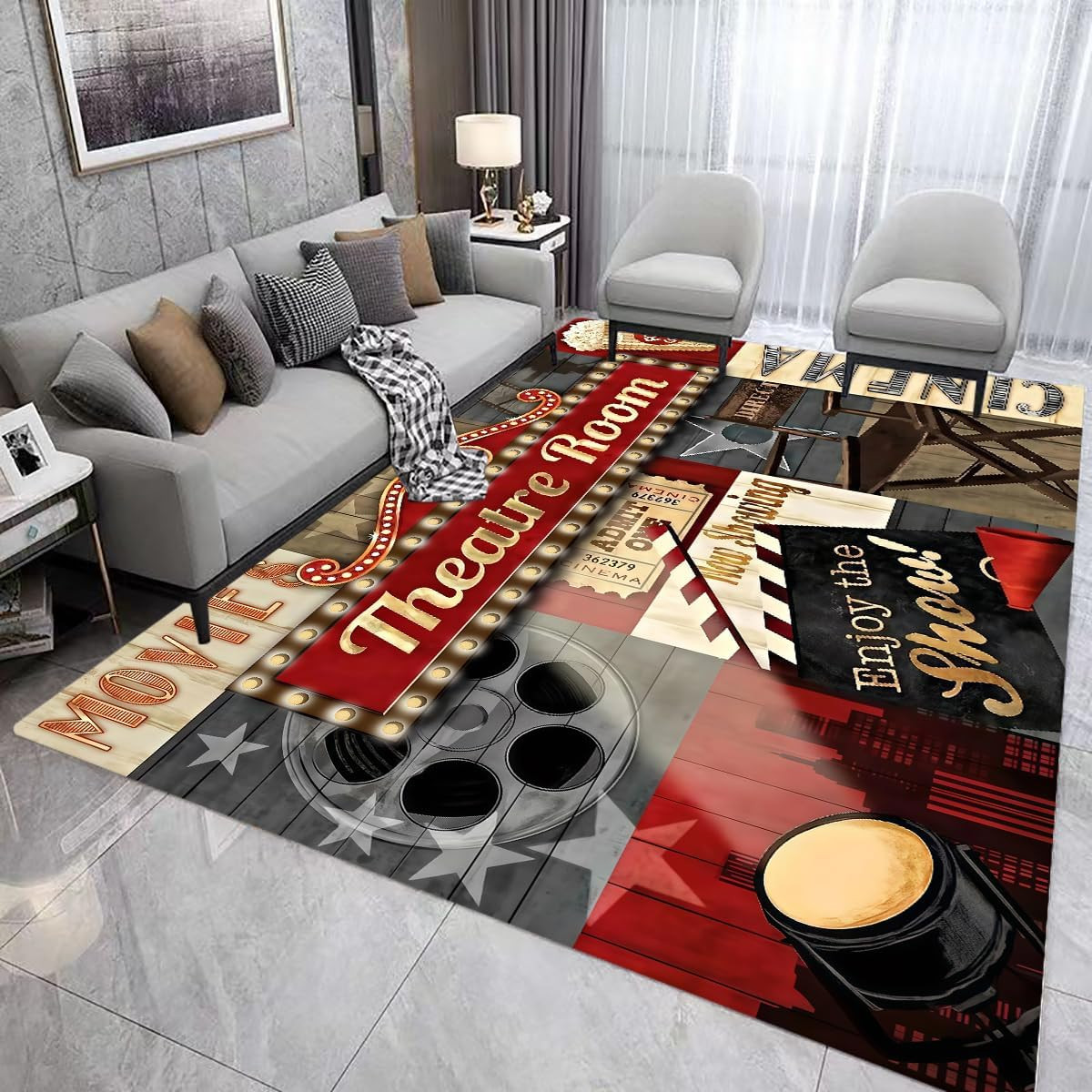 Vintage Movie Theater Area Rug – Cozy Non-Slip Carpet for Home Decor 5’X7