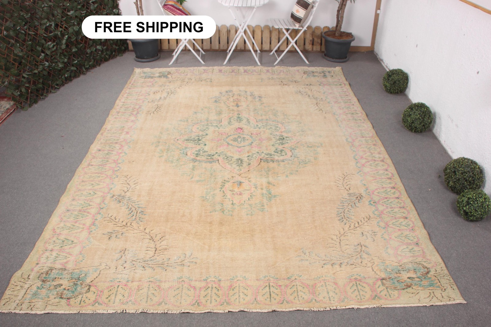 Vintage Rug, 8,1×10,8 ft Oversize Rug, Beige Floral paisley Wool Turkish Rug