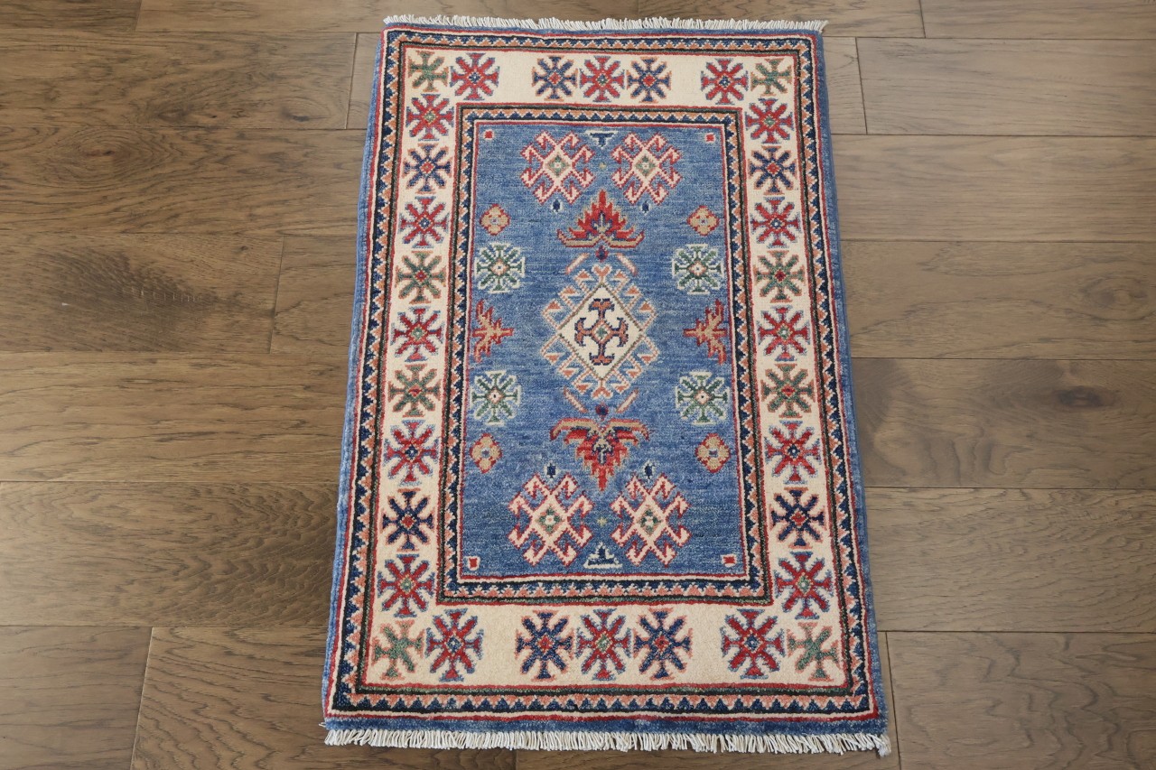 Accent Rug in Blue & Ivory 2×3 100% Wool Geometric Hand-Knotted