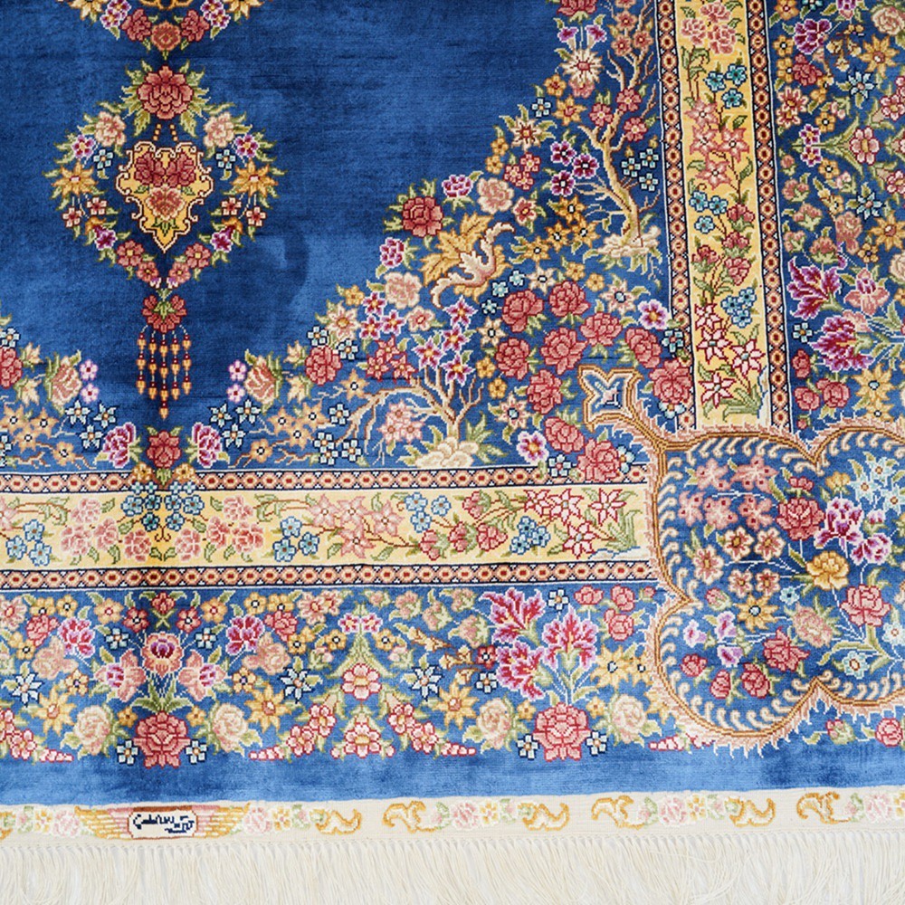 Zhiyi 4x6ft Handmade silk rug Hand-knotted Blue Medallion Non-Glue Carpet 589A