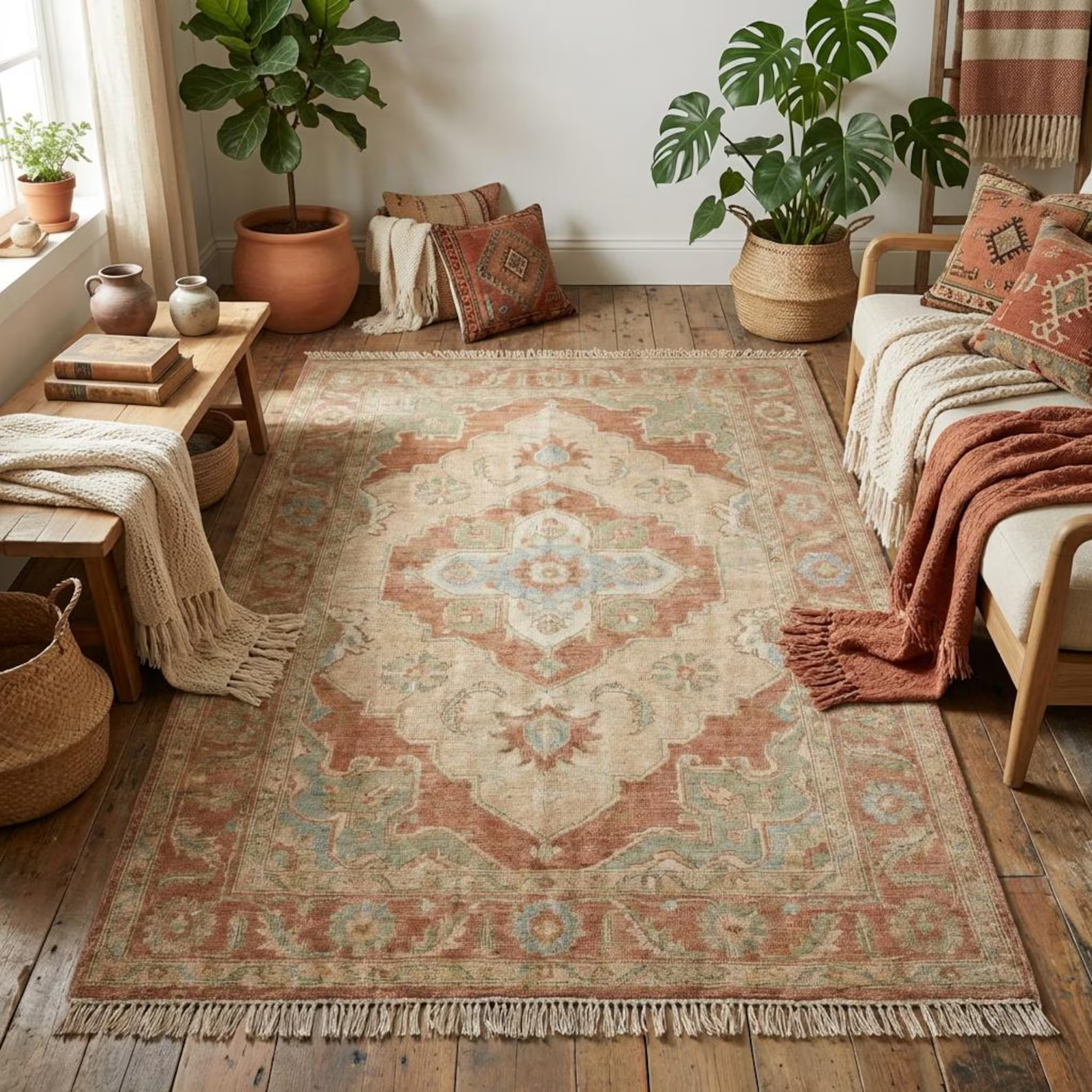 Hand Knotted Oushak Rug, Blue Star Pattern Wool Area Rug, Turkish Style Vintage