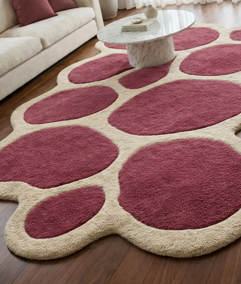 Soft shaggy abstract rug cream and rose pink stone pattern floor carpet.