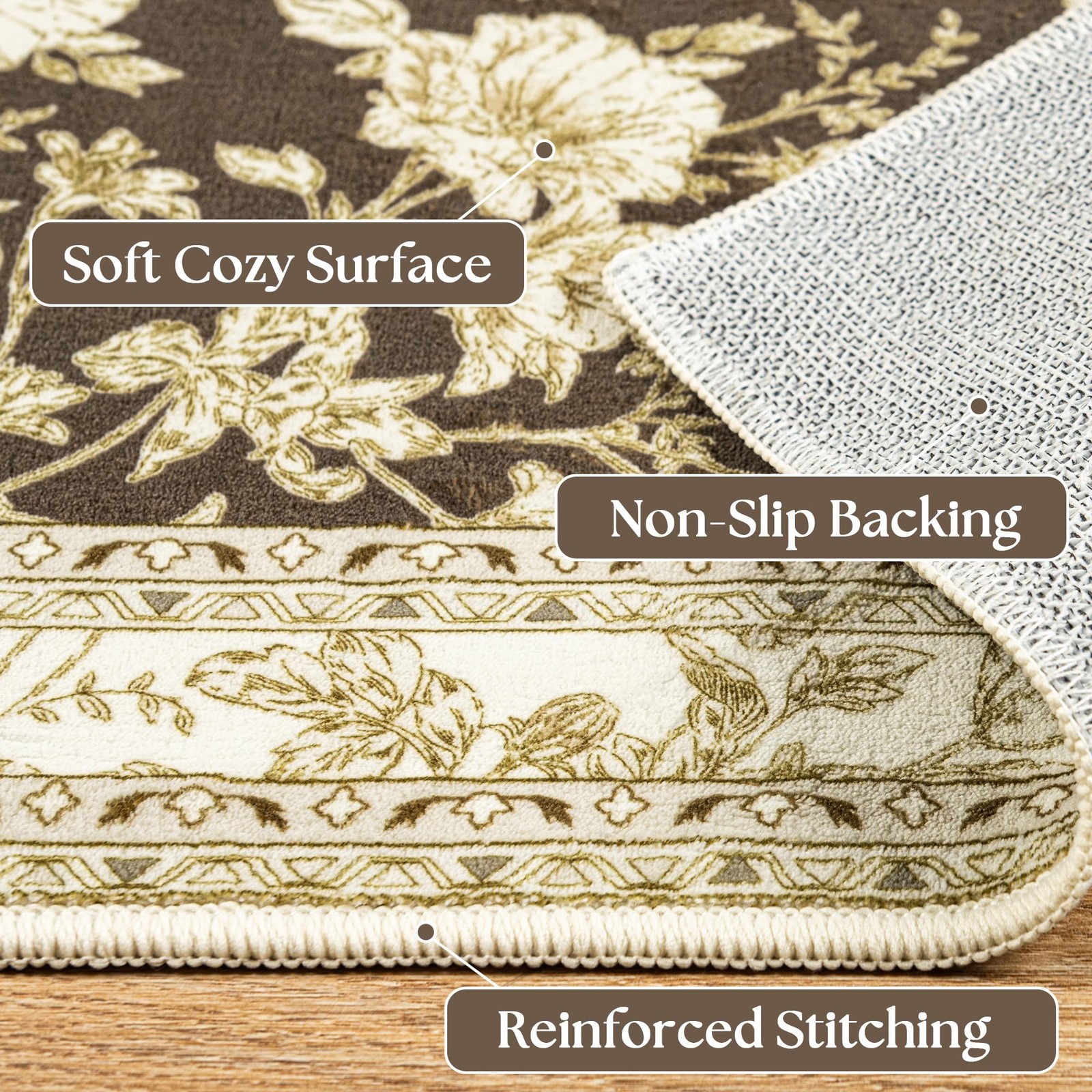 Bileehome Brown Floral Print Area Rugs For Bedroom Living Room Boho Farmhouse