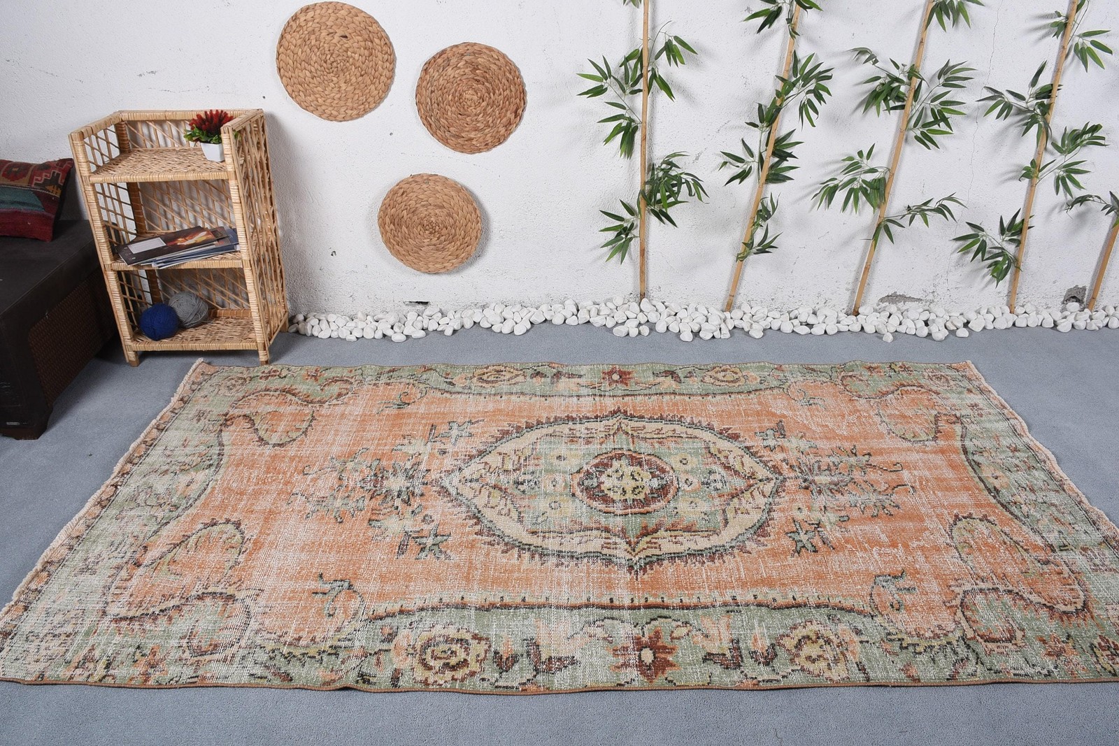 4,6×8,6 ft Area Turkish Vintage Rug, Orange Check Wool Rug