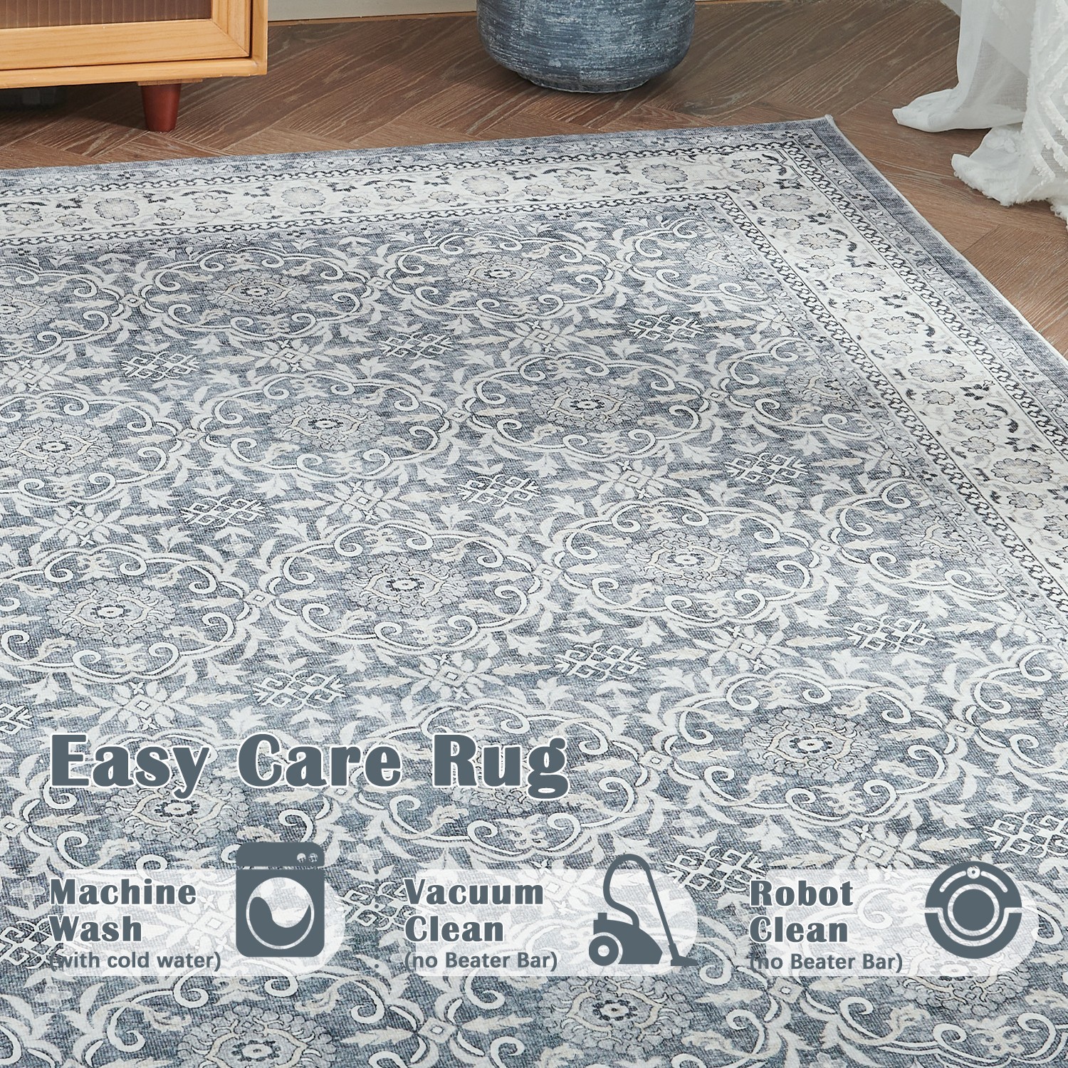 3×8 Vintage Distressed Runner Rug Washable Non-Slip Hallway Indoor Gray