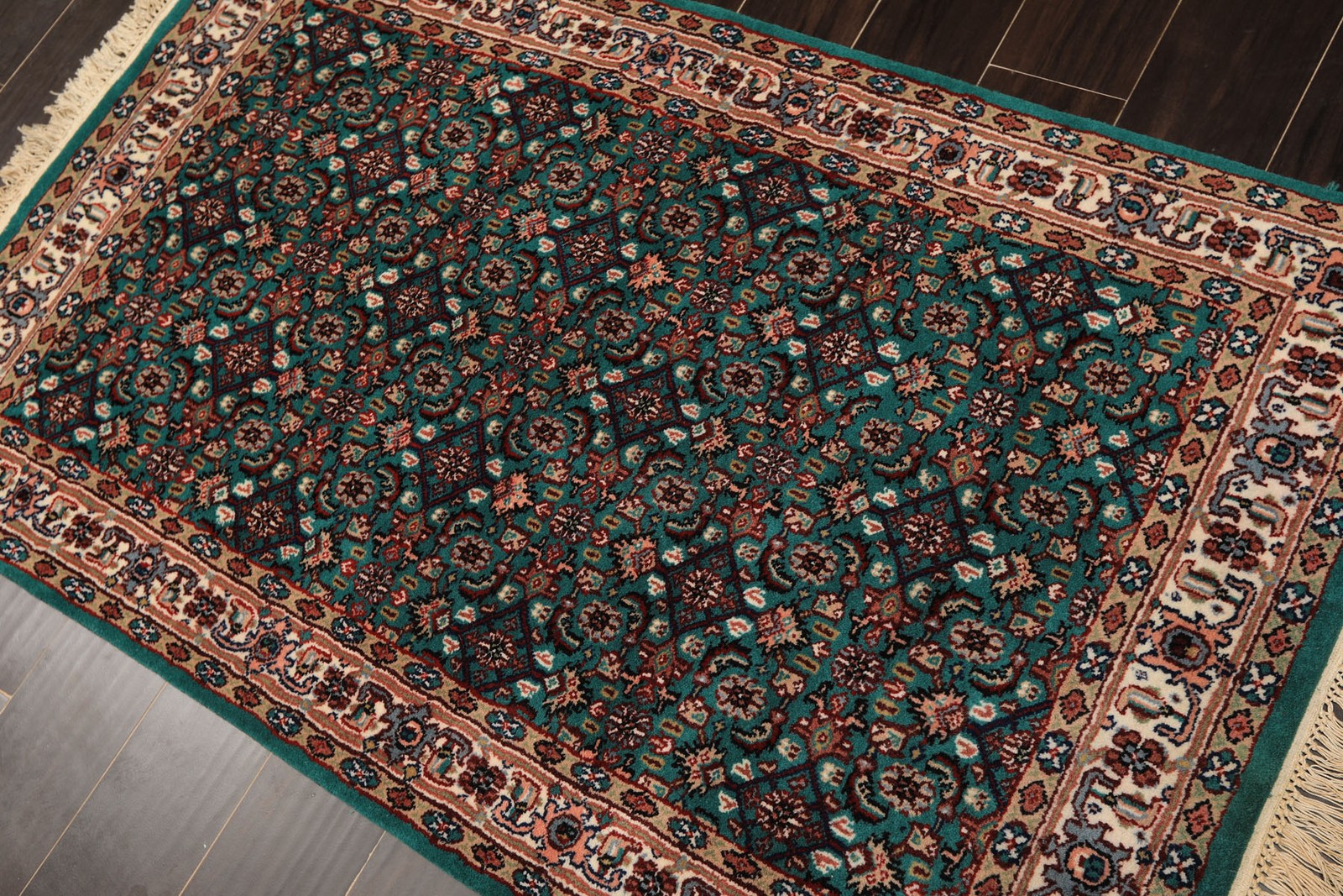 Indo Kashaan Traditional Plush Pile Rug 3×5 Hand Knotted Wool Green, Ivory