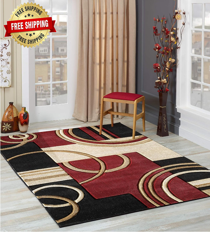 Carpetas Alfombras Para Sala De Casa Habitacion Moderna Rojo Beige 5’ x 7’