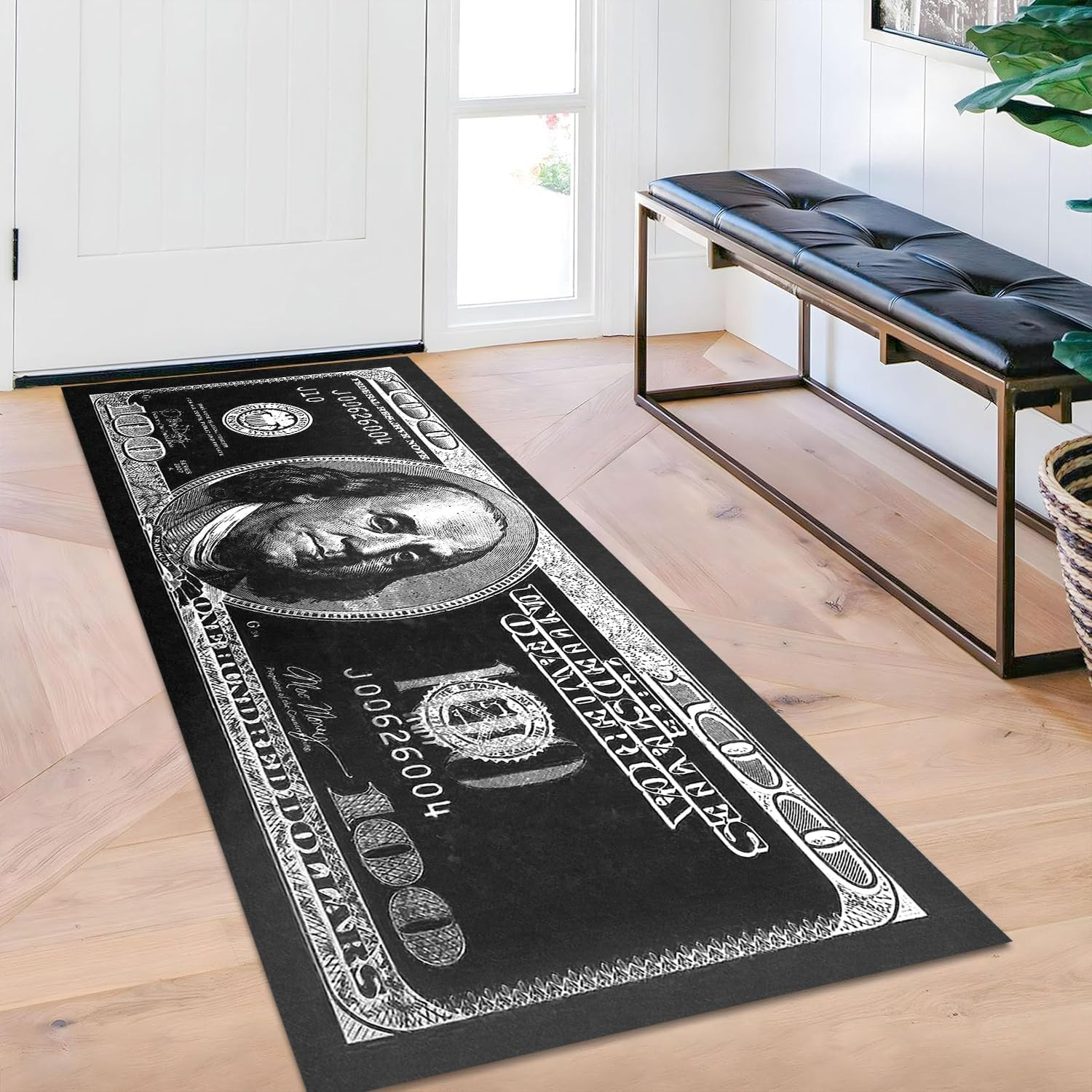 100 Dollar Bill Runner Rug for Hallway Black and White Area Rug for Bedroom Mode