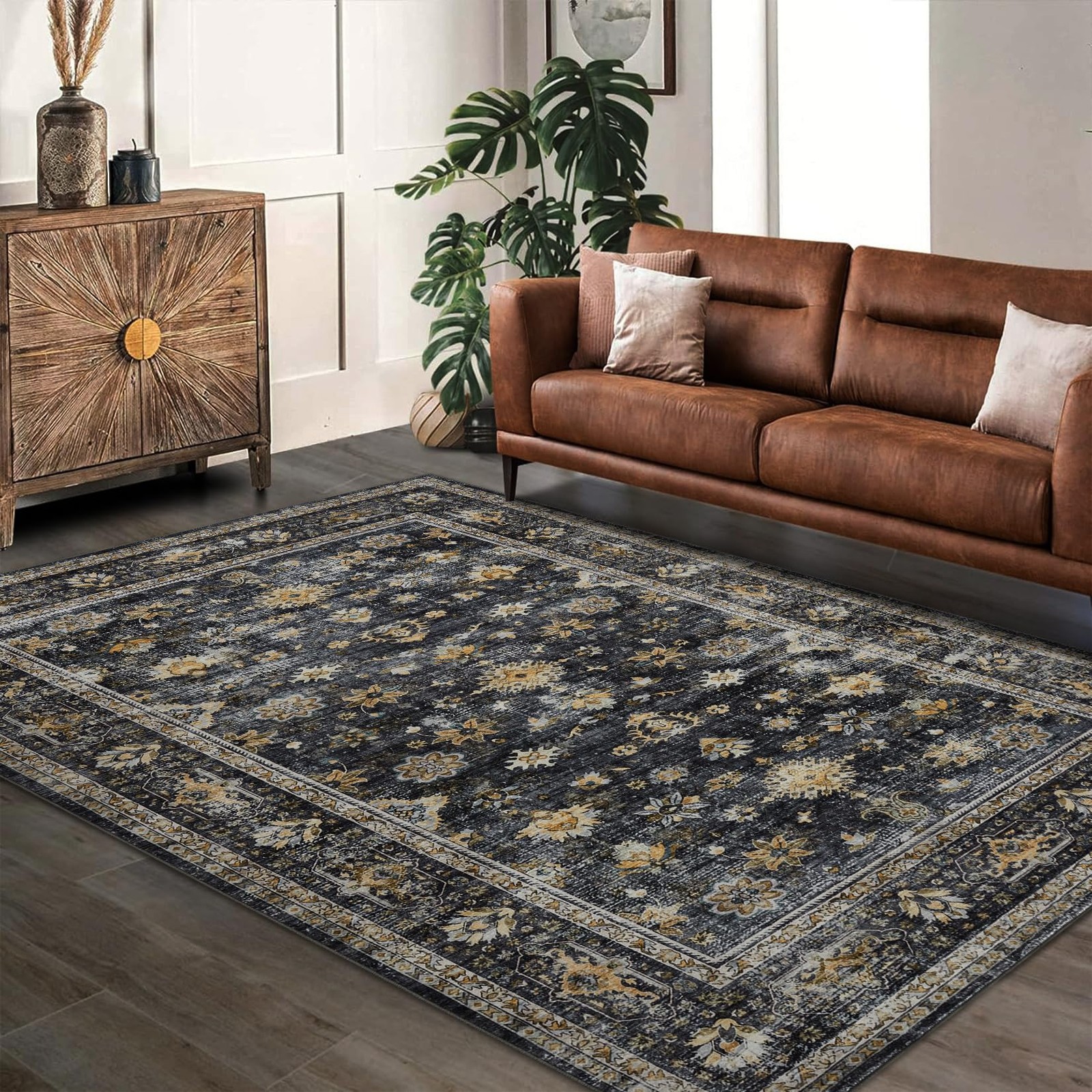 5x7ft Vintage Floral Area Rug, Washable Non-Slip Throw Carpet for Living Room